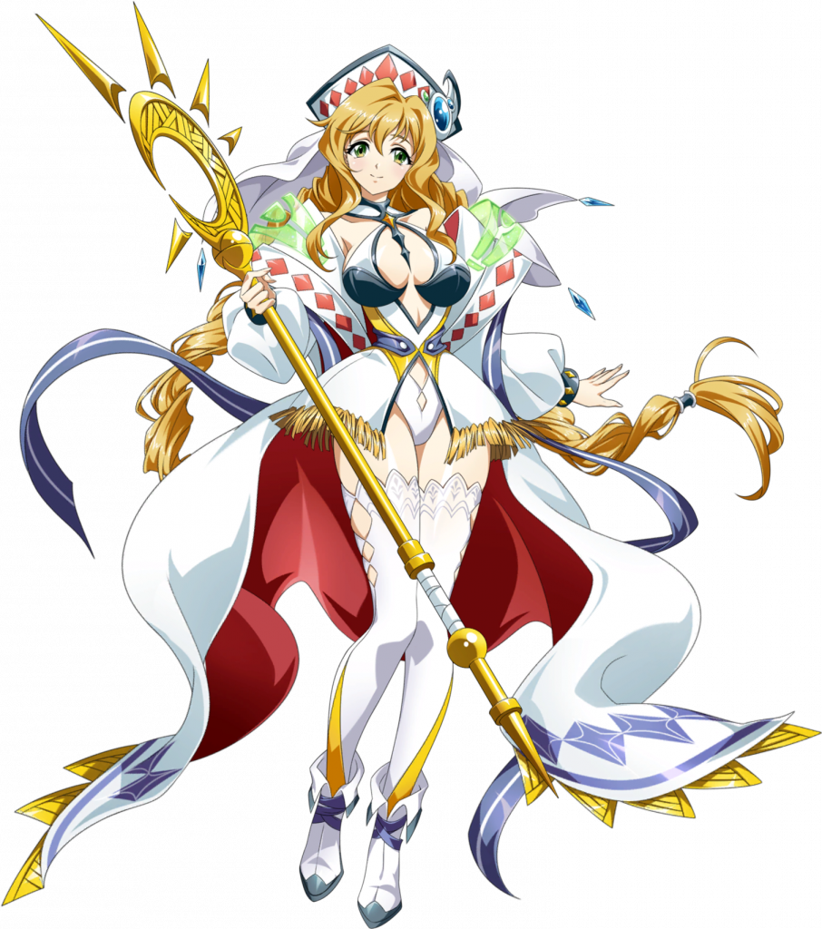 langrisser, langrisser mobile, game cg, official art, third-party source, 1girl, alia (langrisser), bare shoulders, blonde hair, blue gemstone, braid, braided ponytail, breasts, cleavage, cleavage cutout, closed mouth, clothing cutout, coat, crystal, detached sleeves, dress, fold-over boots, frills, full body, gem, green eyes, hair between eyes, hat, holding, holding staff, holding weapon, jewelry, langrisser millenium ws, large breasts, leg up, leotard, long hair, looking at viewer, low-tied long hair, mage staff, mitre, multicolored coat, puffy sleeves, shoes, sidelocks, simple background, smile, solo, staff, standing, standing on one leg, tachi-e, thighhighs, transparent background, twin braids, veil, weapon, white coat, white hat, white leotard, white shoes, white thighhighs, white veil, zettai ryouiki