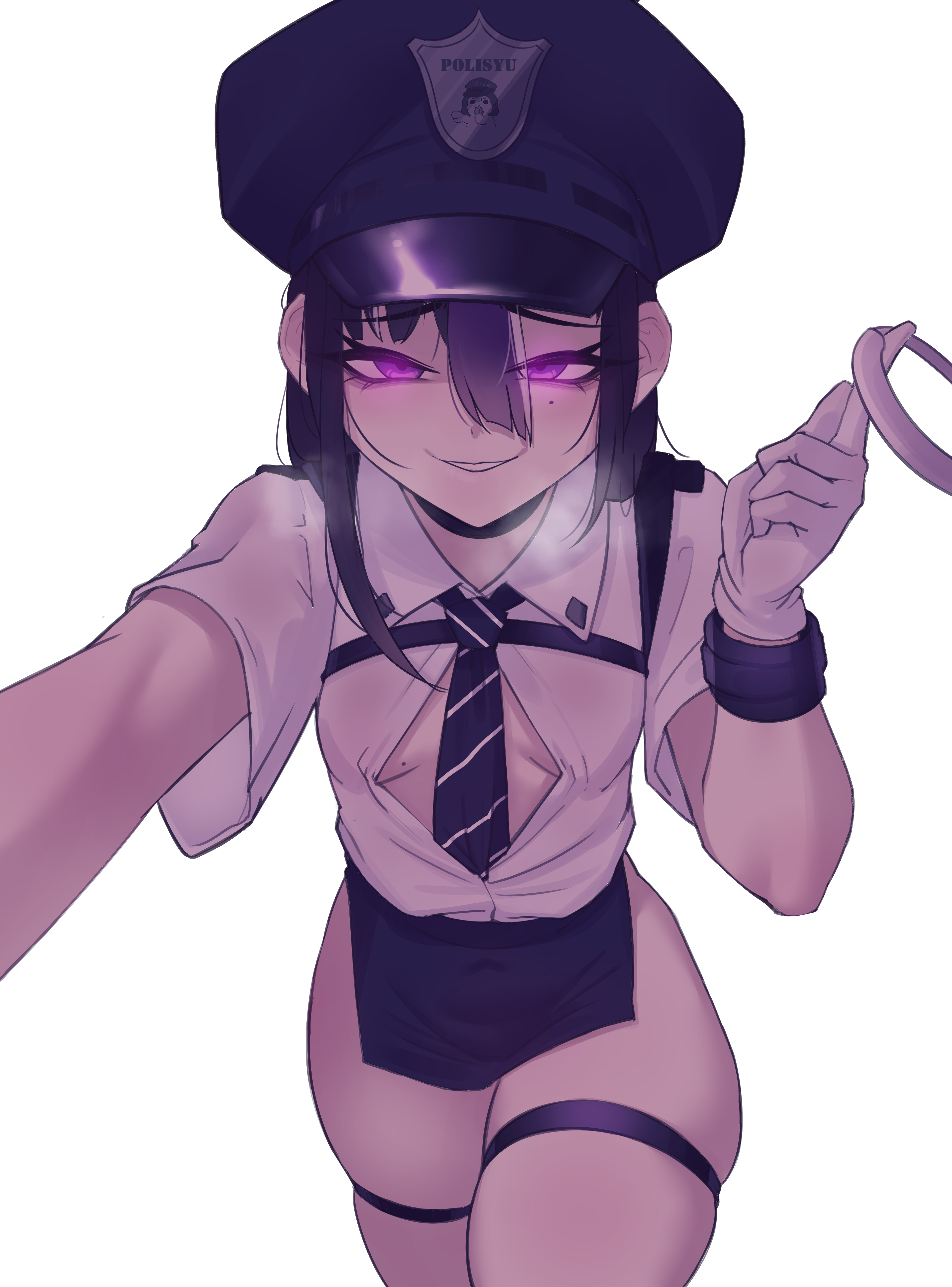 cchiii, syuen (nikke), goddess of victory: nikke, absurdres, highres, variant set, 1girl, black hair, black skirt, breasts, covered navel, cuffs, gloves, grin, handcuffs, hat, holding, holding handcuffs, long hair, looking at viewer, mole, mole on breast, mole under eye, multicolored hair, necktie, pencil skirt, police, police hat, police uniform, purple eyes, purple hair, simple background, skirt, small breasts, smile, solo, thigh strap, two-tone hair, white background, white gloves