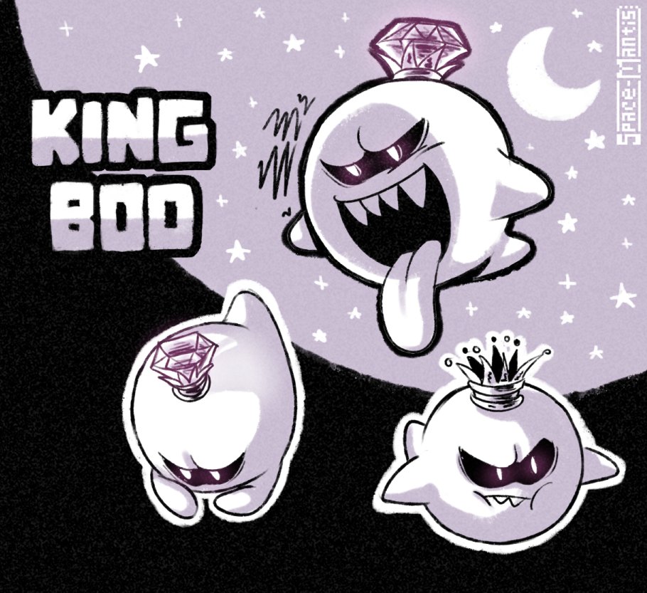 king boo, luigi's mansion, mario (series), nintendo, artist name, black sclera, character name, colored sclera, crescent, crown, multiple views, sharp teeth, spacemantis, teeth, tongue, tongue out, upper teeth only