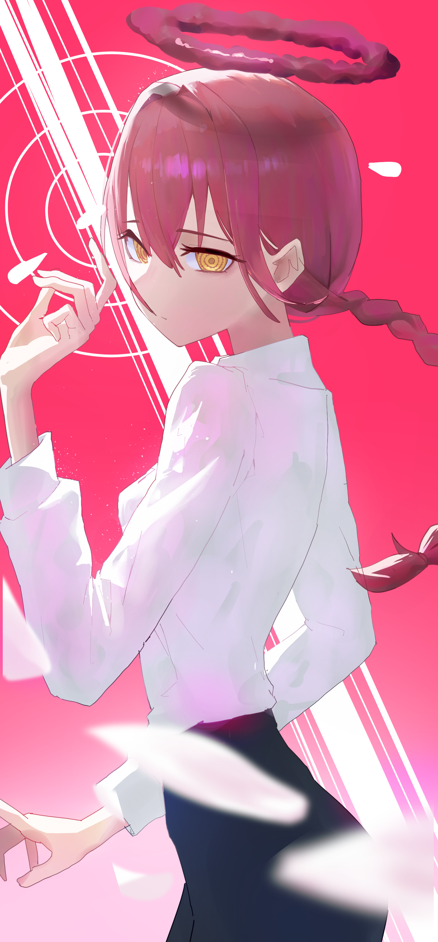 makima (chainsaw man), chainsaw man, absurdres, highres, 1girl, black pants, braid, braided ponytail, closed mouth, hair between eyes, halo, long hair, long sleeves, looking at viewer, pants, purple hair, purple halo, ringed eyes, shirt, shirt tucked in, sidelocks, solo, user yfes4327, white shirt, yellow eyes