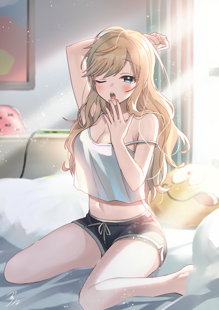 bekkourico, ohtsuki yui, idolmaster, idolmaster cinderella girls, commentary request, 1girl, ;o, arm up, bare legs, barefoot, bed sheet, black shorts, blonde hair, blush, breasts, camisole, cleavage, crop top, dolphin shorts, indoors, light rays, long hair, looking at viewer, medium breasts, navel, one eye closed, pillow, see-through silhouette, shorts, signature, sitting, solo, stomach, strap slip, very long hair, wariza, white camisole, yawning