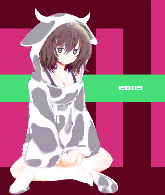 sutein, 00s, 2009, brown hair, cow print, crossed legs, hood, horns, short hair, slippers