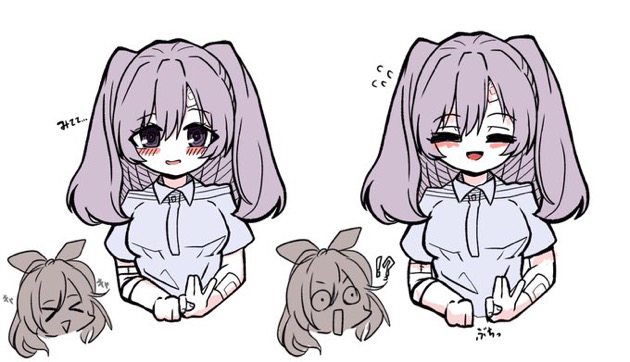 kawamochi (kawauti919), tsukioka kogane, yukoku kiriko, idolmaster, idolmaster shiny colors, translation request, !?, > <, 2girls, :>, :d, ^ ^, bandaged arm, bandages, blush stickers, breasts, chibi, chibi inset, closed eyes, collared dress, detachable thumb, dress, flying sweatdrops, grey dress, hair ribbon, long hair, magic trick, medium breasts, multiple girls, open mouth, purple hair, ribbon, simple background, smile, triangle mouth, two side up, white background
