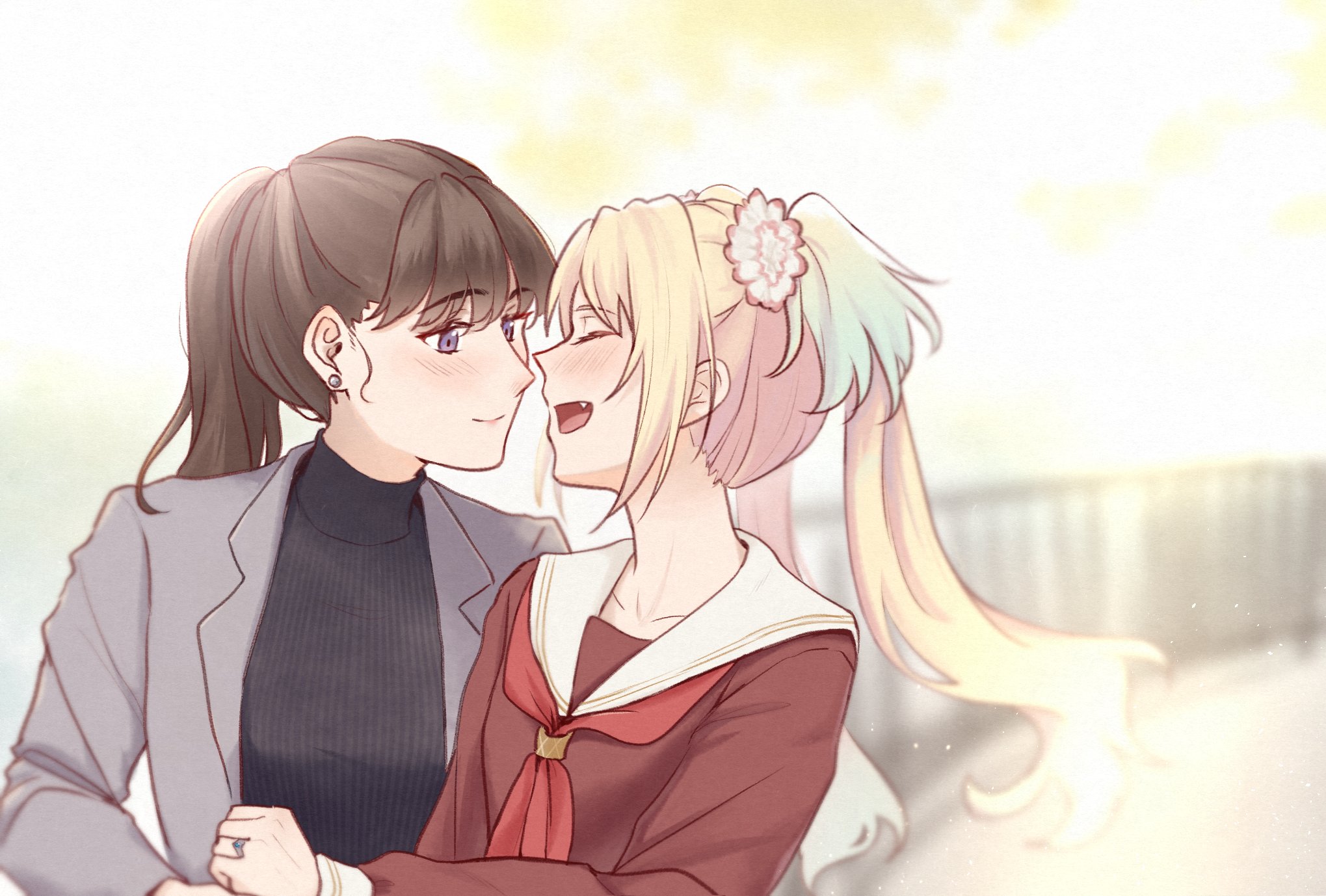 risai, fujishima megumi, osawa rurino, link! like! love live!, love live!, commentary, highres, symbol-only commentary, 2girls, black sweater, blonde hair, blue hair, brown dress, brown hair, collarbone, dress, earrings, fang, flower, fujishima megumi (post-graduation), gradient hair, grey jacket, hair flower, hair ornament, hasu no sora school uniform, jacket, jewelry, long hair, long sleeves, mira-cra park!, multicolored hair, multiple girls, neckerchief, open clothes, open jacket, open mouth, pink flower, ponytail, purple eyes, red neckerchief, sailor collar, sailor dress, school uniform, sidelocks, smile, stud earrings, suit jacket, sweater, turtleneck, turtleneck sweater, twintails, virtual youtuber, white sailor collar, winter uniform, yuri