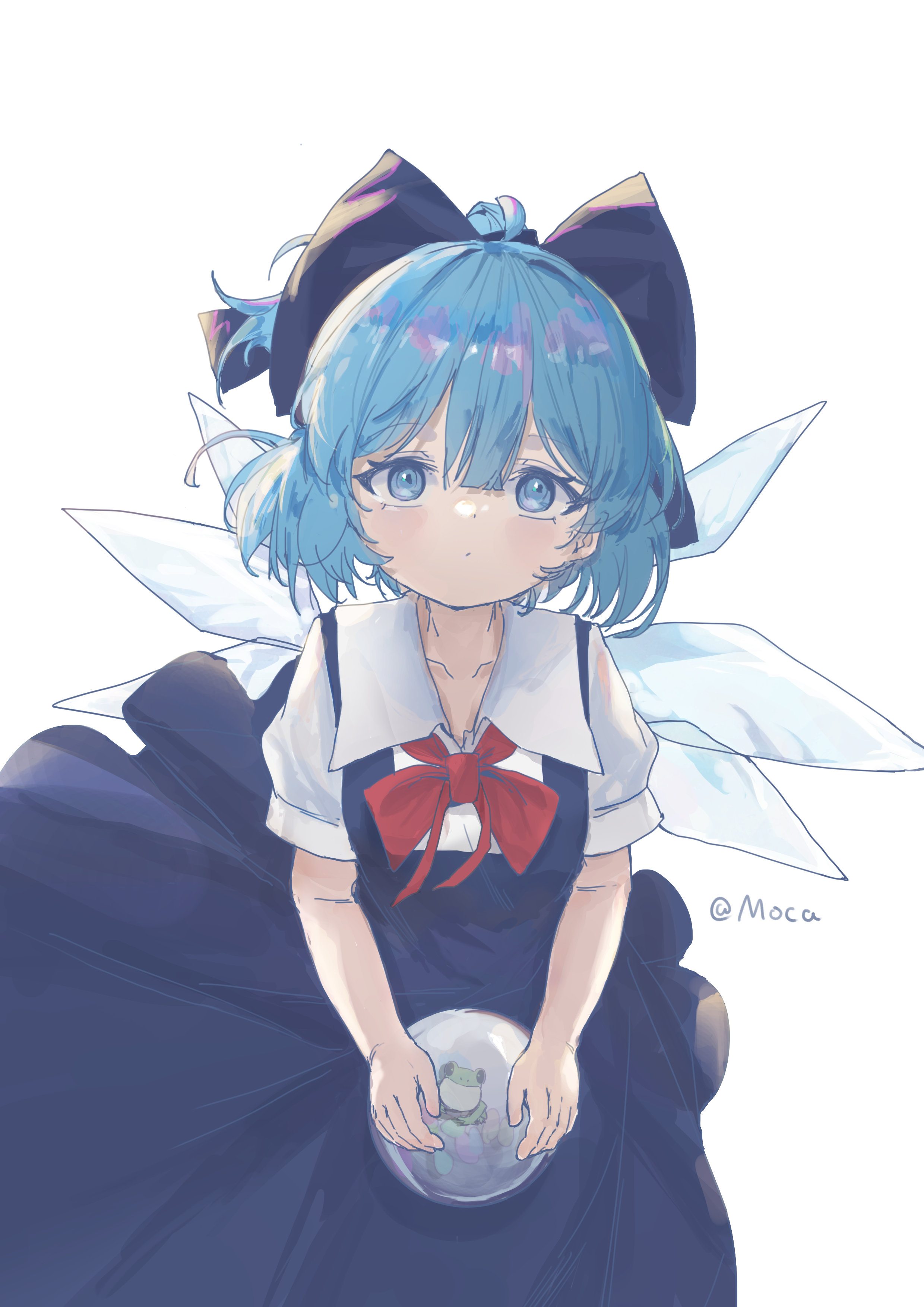 moca 3139, cirno, touhou, absurdres, commentary, highres, symbol-only commentary, 1girl, ahoge, black bow, black dress, blue eyes, blue hair, bow, bowtie, collarbone, collared shirt, dress, fairy, frog, hair bow, ice, ice wings, iceball, looking at viewer, multiple wings, pinafore dress, red bow, red bowtie, shirt, short hair, short sleeves, simple background, sleeveless, sleeveless dress, solo, twitter username, white background, white shirt, wings