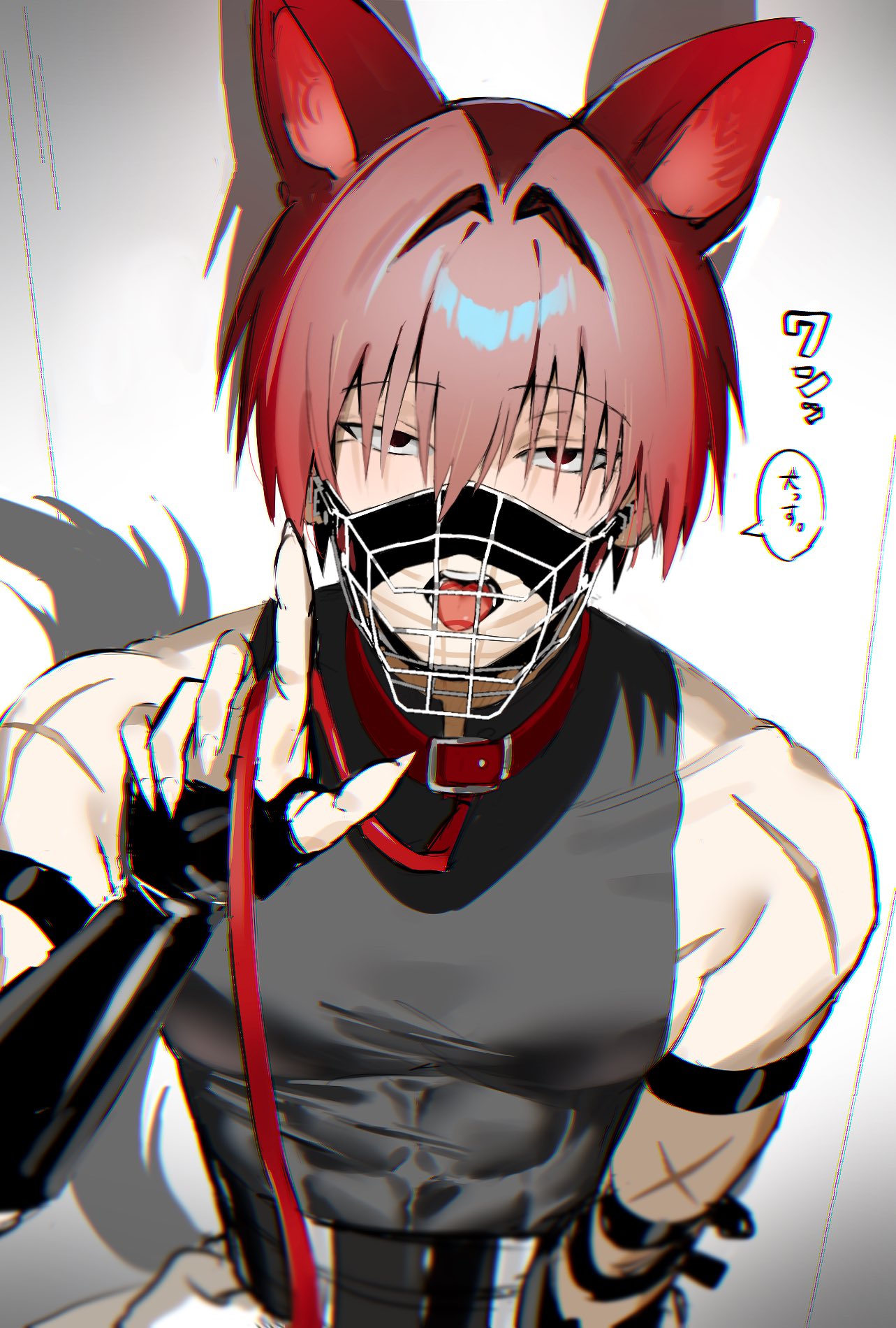 fate/grand order, fate (series), highres, 1boy, animal ears, armband, black eyes, collar, dog boy, dog ears, dog tail, fingerless gloves, gloves, harada sanosuke (fate), kemonomimi mode, leash, looking at viewer, male focus, multiple scars, muzzle (mask), n ma u, open mouth, pet play, red collar, red hair, scar, scar on arm, shadow, shirt, short hair, sleeveless, sleeveless shirt, solo, speech bubble, tail, toned, toned male, tongue, tongue out, upper body