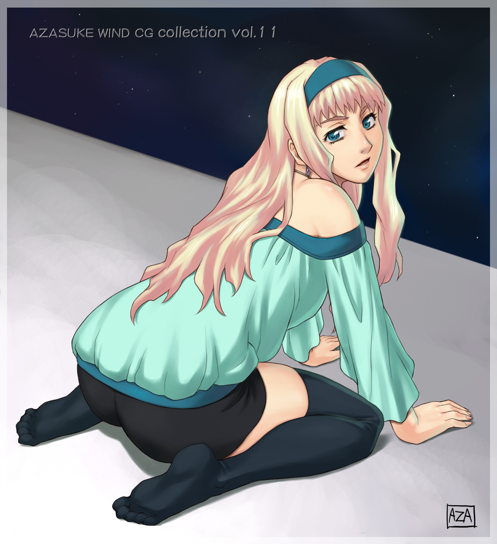 azasuke, sheryl nome, macross, macross frontier, highres, 00s, back, bare shoulders, blue eyes, feet, hairband, kneeling, long hair, looking back, pink hair, skirt, solo, thighhighs