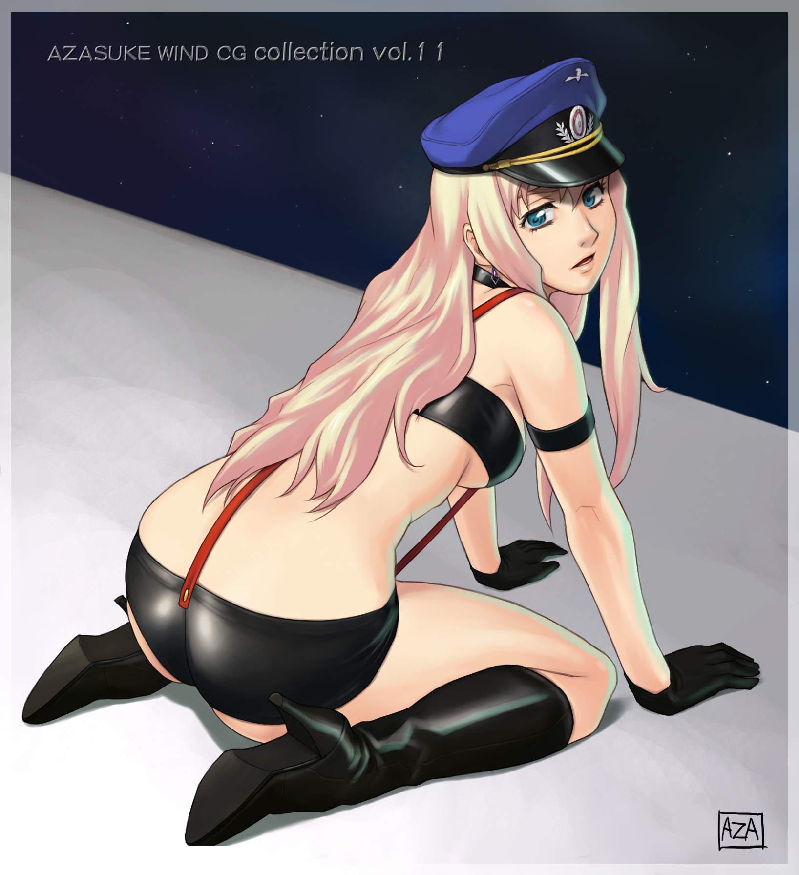 azasuke, sheryl nome, macross, macross frontier, highres, 00s, ass, back, blue eyes, boots, gloves, hat, high heels, kneeling, long hair, looking back, peaked cap, pink hair, shoes, solo, suspenders