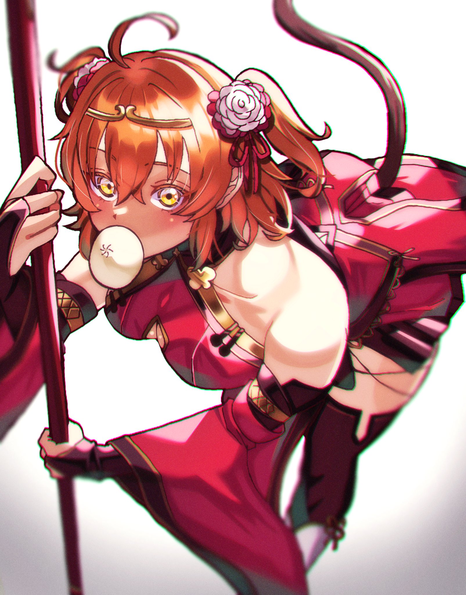 kojiro 0408, fujimaru ritsuka (female), fujimaru ritsuka (female) (the three great heroes), sun wukong, fate/grand order, fate (series), highres, 1girl, ahoge, ass, bare shoulders, blush, bow, breasts, bridal gauntlets, cleavage, collarbone, cosplay, detached sleeves, dress, flower, food, hair between eyes, hair flower, hair ornament, holding, holding weapon, leaning forward, long sleeves, looking at viewer, medium breasts, monkey tail, mouth hold, official alternate costume, orange hair, polearm, red dress, red sleeves, short hair, side ponytail, simple background, solo, staff, steamed bun, sun wukong (cosplay), tail, thighhighs, thighs, weapon, white background, wide sleeves, yellow eyes