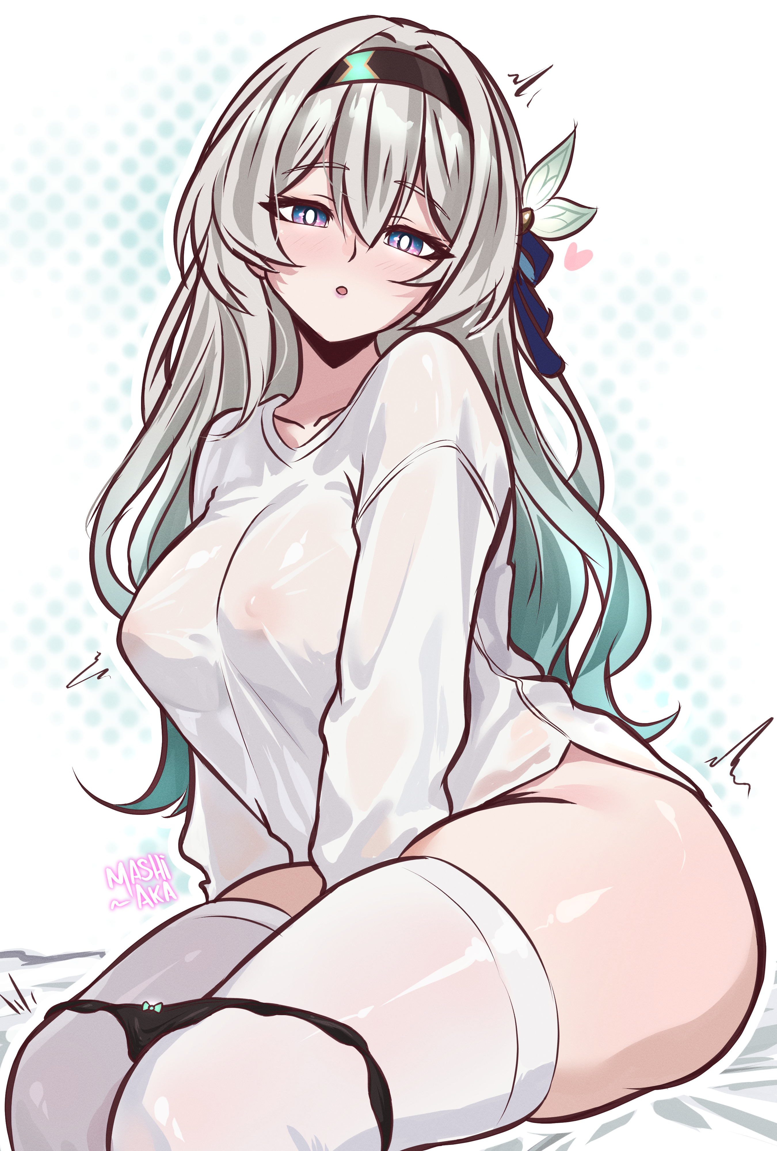 mashiaka, firefly (honkai: star rail), honkai: star rail, honkai (series), absurdres, commentary, english commentary, highres, paid reward available, 1girl, :o, artist name, between legs, black bow, black hairband, black panties, blue eyes, blush, bow, breasts, collarbone, feet out of frame, gradient hair, green hair, grey hair, hair between eyes, hair bow, hairband, hand between legs, heart, implied masturbation, large breasts, looking at viewer, multicolored eyes, multicolored hair, nipples, no bra, panties, panty pull, purple eyes, shirt, sitting, solo, thighhighs, thighs, twitching, two-tone eyes, underwear, white shirt, white thighhighs