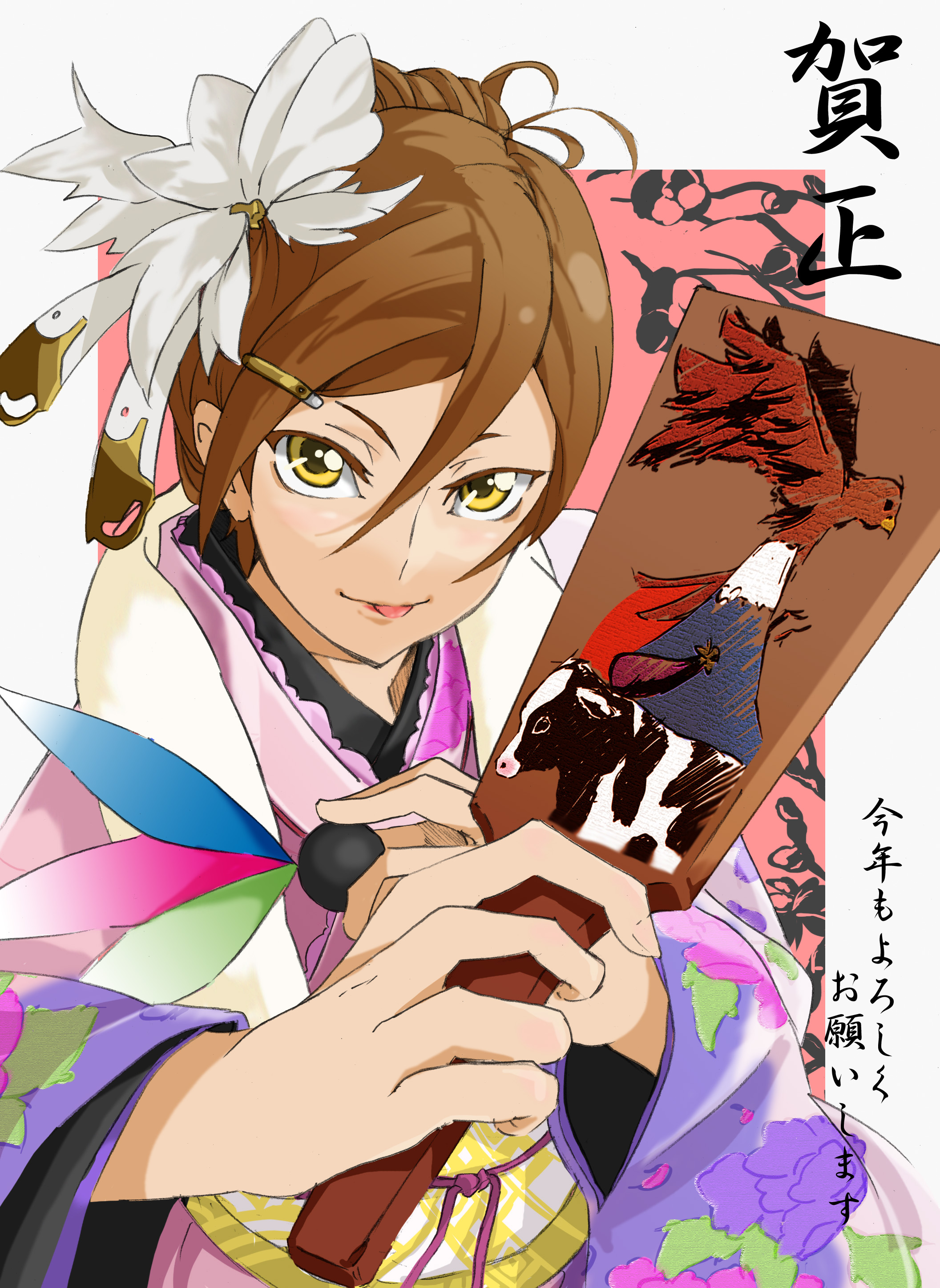 nana g, absurdres, highres, 00s, 2009, brown hair, hagoita, hair ornament, hairclip, hanetsuki, japanese clothes, kimono, new year, paddle, smile, solo, tongue, yellow eyes