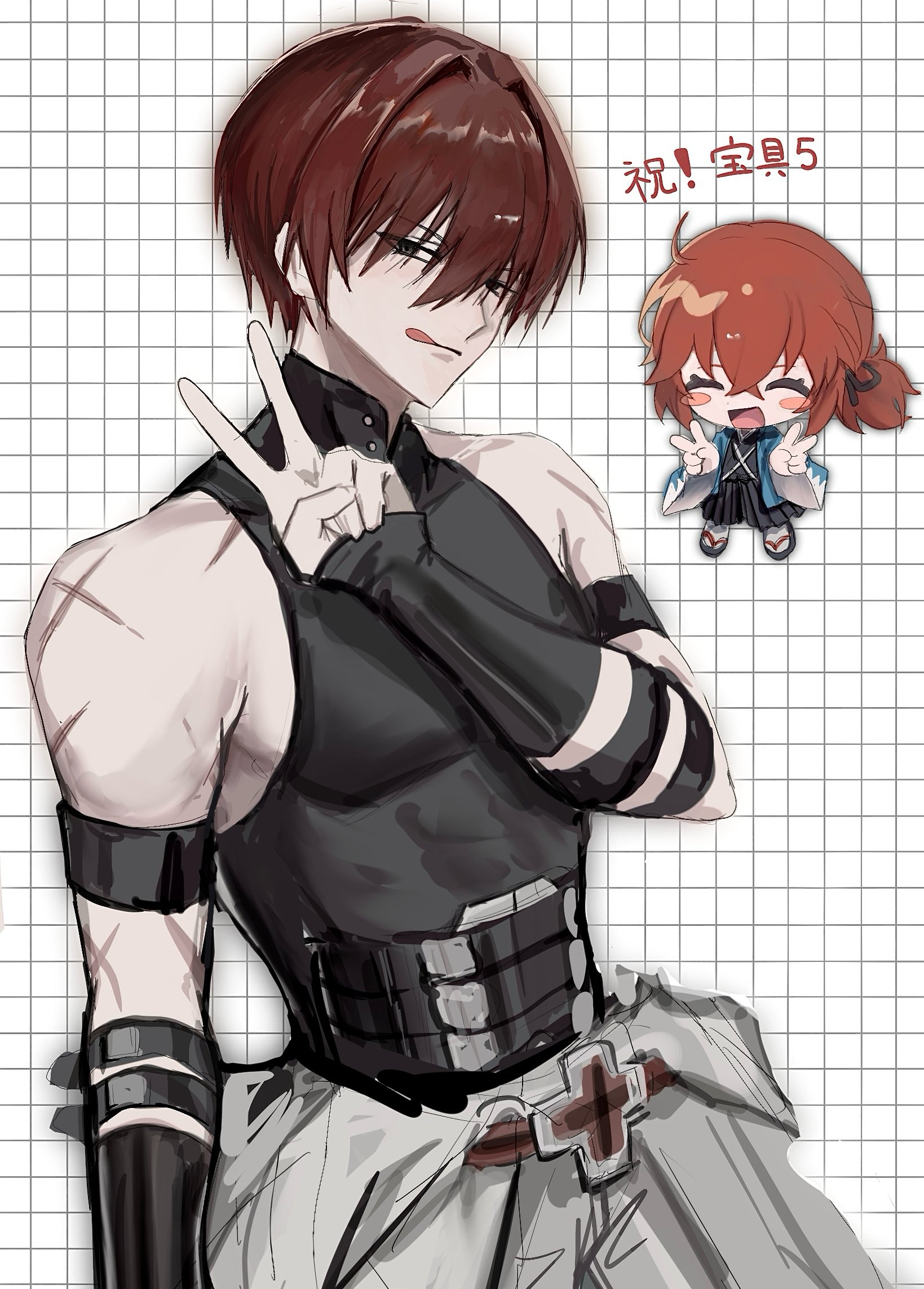 fujimaru ritsuka (female), fate/grand order, fate (series), highres, 1boy, 1girl, armband, black eyes, chibi, chibi inset, closed eyes, fingerless gloves, gloves, grid background, hair intakes, haori, harada sanosuke (fate), japanese clothes, kimono, licking lips, looking at viewer, multiple scars, orange hair, ponytail, rami (zwndu0), red hair, scar, scar on arm, shinsengumi, shirt, short hair, sleeveless, sleeveless shirt, smile, toned, toned male, tongue, tongue out, v, white background