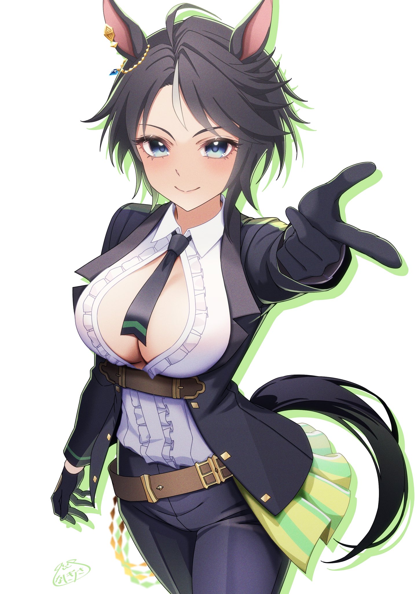 inukai nagisa, fuji kiseki (shooting star revue) (umamusume), fuji kiseki (umamusume), umamusume, highres, 1girl, ahoge, animal ears, belt, black gloves, black hair, black jacket, black necktie, black pants, blue eyes, blush, breasts, brown belt, center frills, center opening, cleavage, closed mouth, collared shirt, ear ornament, ear piercing, frilled shirt, frills, gloves, green outline, hair between eyes, horse ears, horse girl, horse tail, jacket, large breasts, long sleeves, looking at viewer, multicolored hair, necktie, no bra, open clothes, open jacket, outline, outstretched arm, pants, partially unbuttoned, piercing, shirt, short hair, simple background, smile, solo, tail, white background, white hair, white shirt