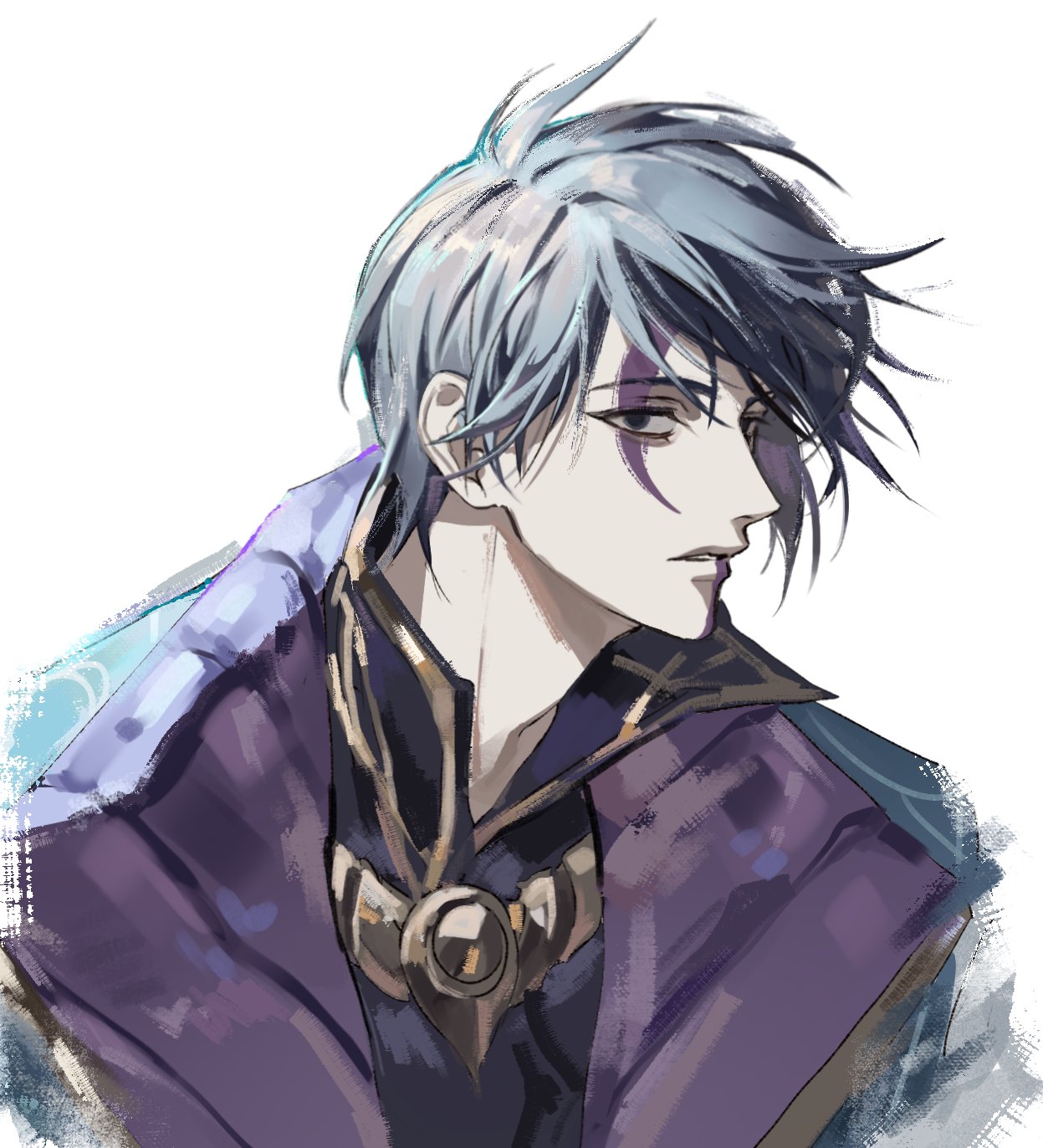 chhiii o o, aphelios, league of legends, commentary, hashtag-only commentary, highres, 1boy, black eyes, black hair, black shirt, collared shirt, facial mark, jacket, jewelry, male focus, necklace, parted bangs, sanpaku, shirt, short hair, simple background, upper body, white background