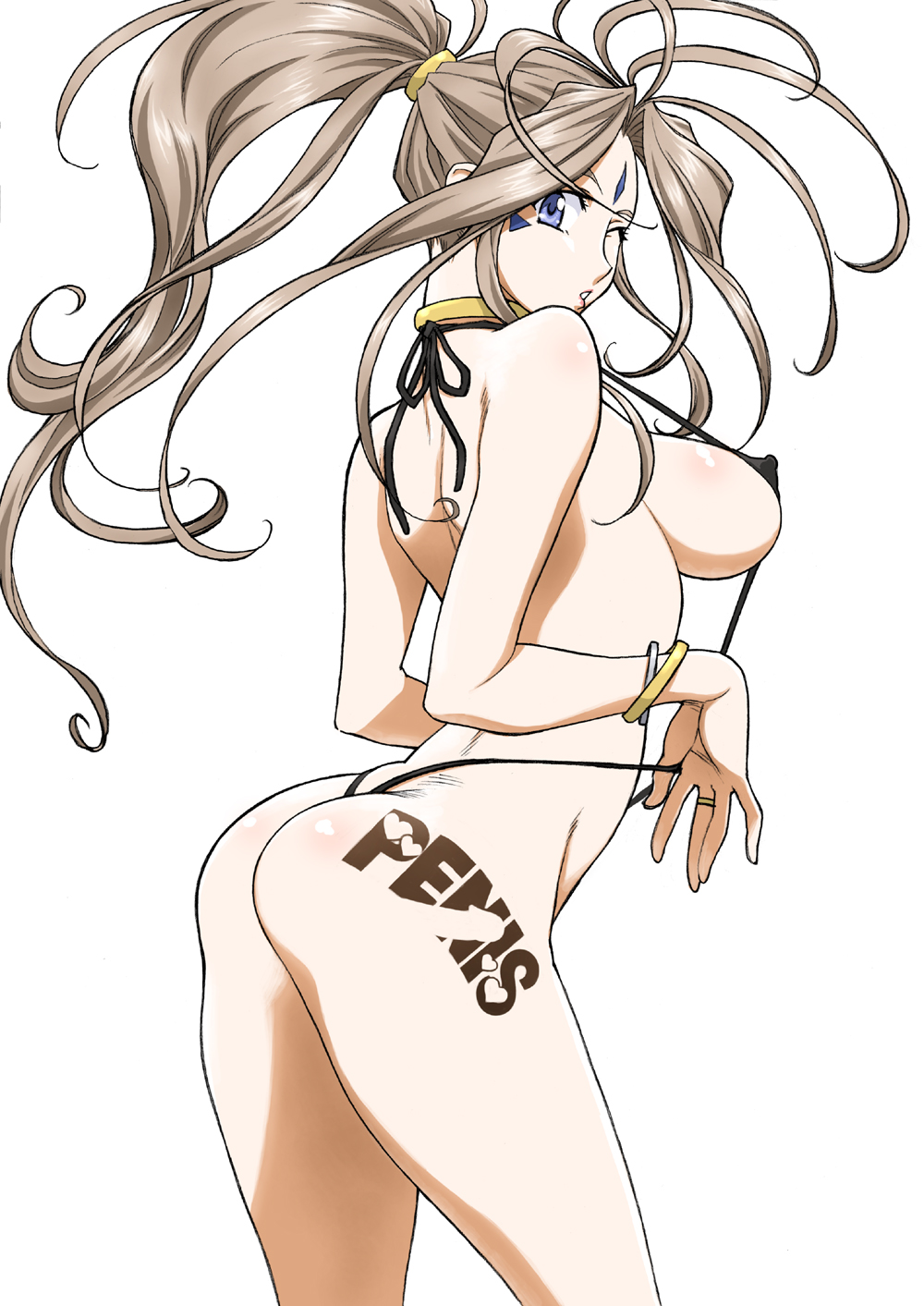 joy division, belldandy, aa megami-sama, highres, 1girl, ass, bikini, blue eyes, bracelet, breasts, brown hair, collar, covered erect nipples, facial mark, female focus, forehead mark, jewelry, large breasts, long hair, looking at viewer, looking back, micro bikini, one eye closed, ponytail, ring, sideboob, slingshot swimsuit, solo, strap gap, swimsuit, tattoo, thighs, white background, wink