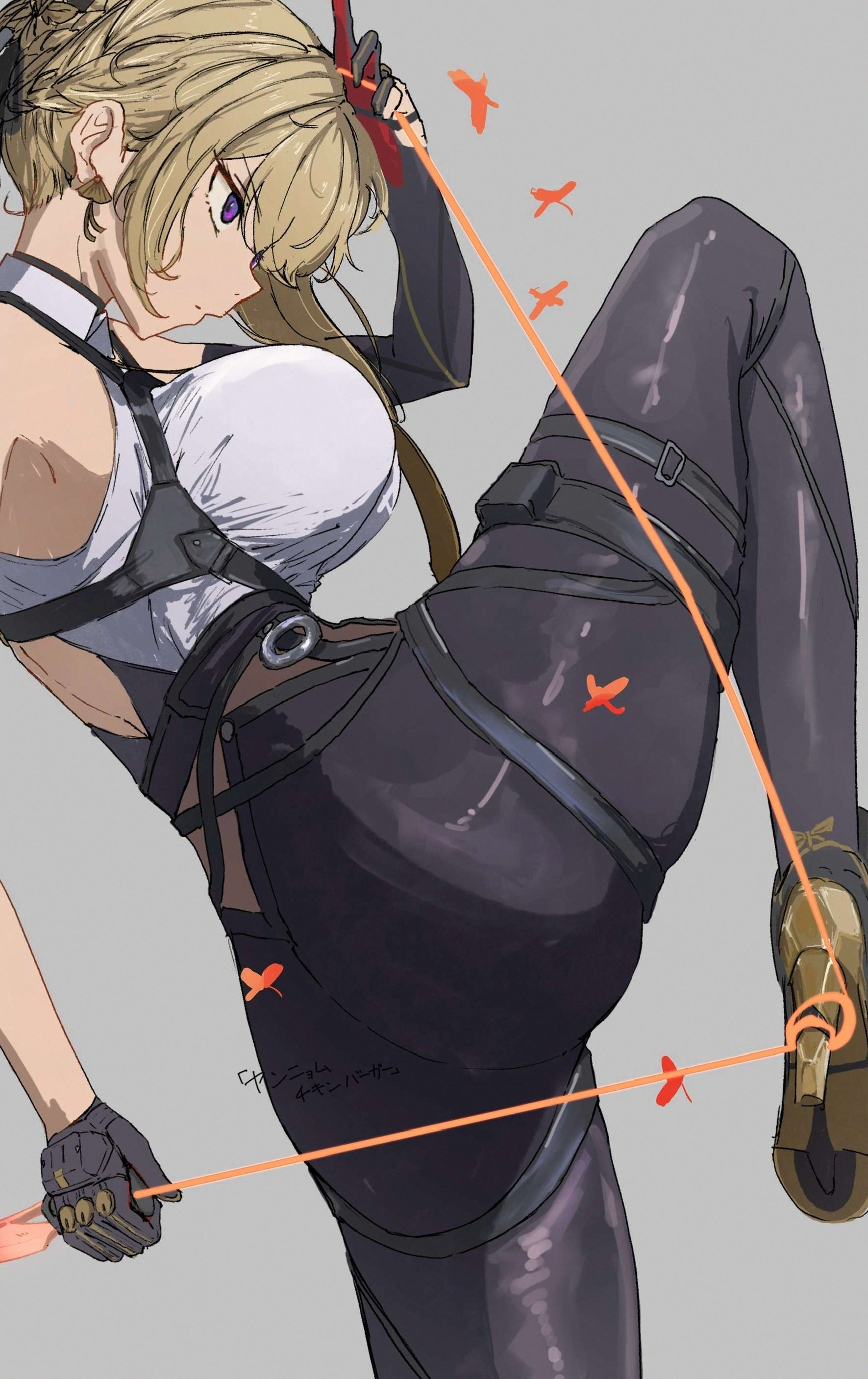 evelyn chevalier, zenless zone zero, absurdres, highres, 1girl, armpits, bare shoulders, black gloves, black ribbon, blonde hair, braid, breasts, from side, gloves, grey background, hair bun, hair ribbon, high heels, holding, large breasts, pants, partially fingerless gloves, purple eyes, ribbon, shirt, sidelocks, simple background, solo, tight clothes, tight pants, white shirt, yangnyeom chicken burger