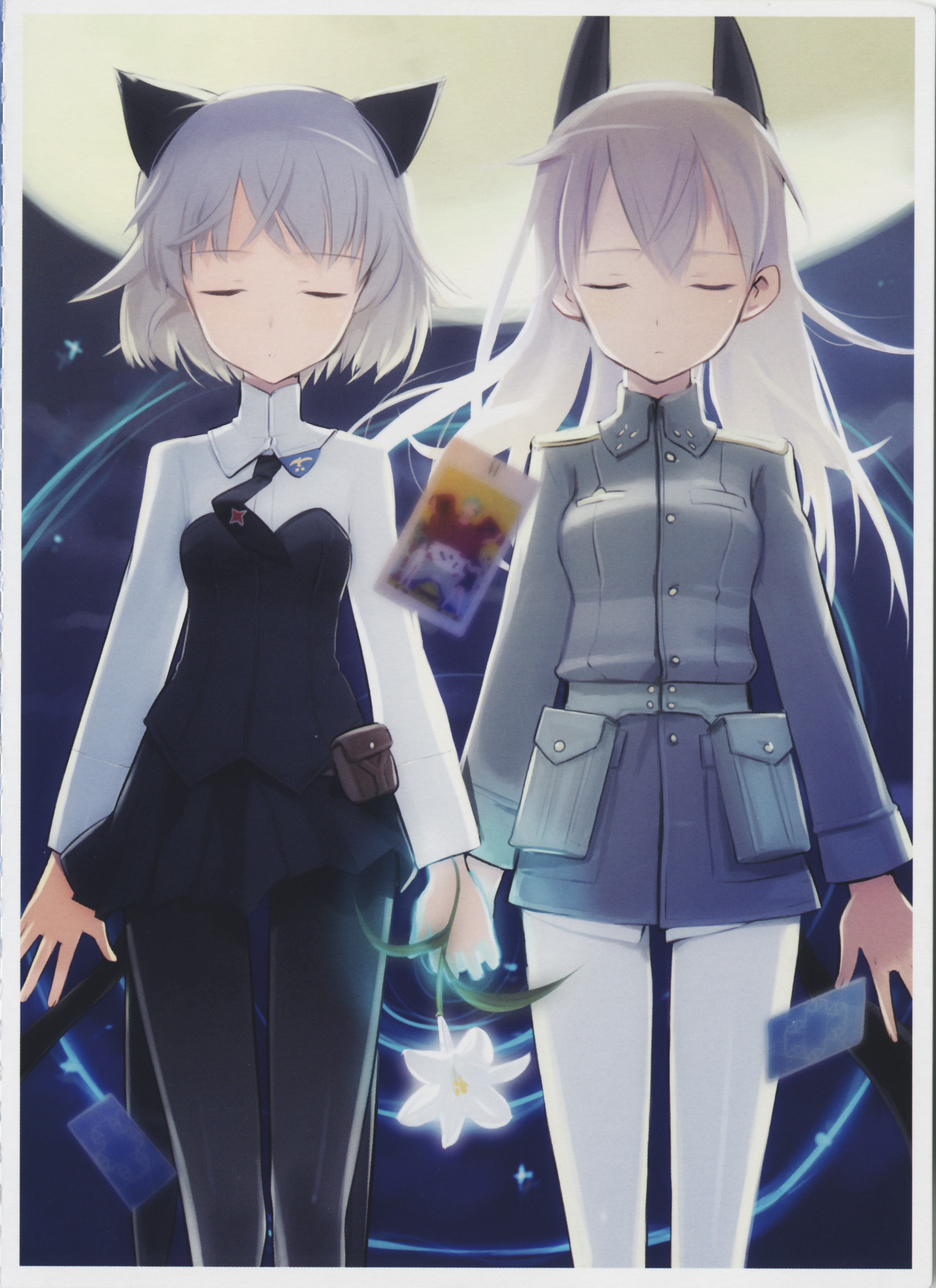 shimada fumikane, eila ilmatar juutilainen, sanya v. litvyak, strike witches, world witches series, absurdres, highres, scan, 00s, 2girls, animal ears, black pantyhose, card, card (medium), couple, multiple girls, pantyhose, tail, tarot, tarot (medium), tarot card, white pantyhose, yuri