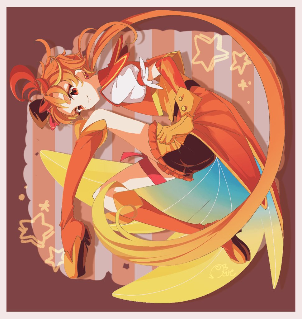 wasabi sankiro, cure wing, yuunagi tsubasa, hirogaru sky! precure, precure, commentary, 1boy, artist name, black hat, boots, coattails, earrings, fetal position, frilled shorts, frills, gloves, hat, jacket, jewelry, knee boots, knee up, layered gloves, leg ribbon, long hair, low ponytail, lying, magical boy, male focus, mini hat, mini top hat, on side, orange boots, orange gloves, orange hair, orange jacket, orange shorts, ponytail, puffy short sleeves, puffy sleeves, red eyes, ribbon, short shorts, short sleeves, shorts, signature, solo, star (symbol), top hat, very long hair