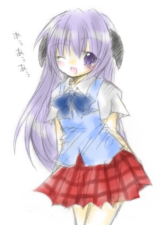 hanyuu, higurashi no naku koro ni, lowres, non-web source, 00s, horns, long hair, miniskirt, one eye closed, plaid clothes, plaid skirt, purple eyes, purple hair, school uniform, skirt, smile, solo, wink
