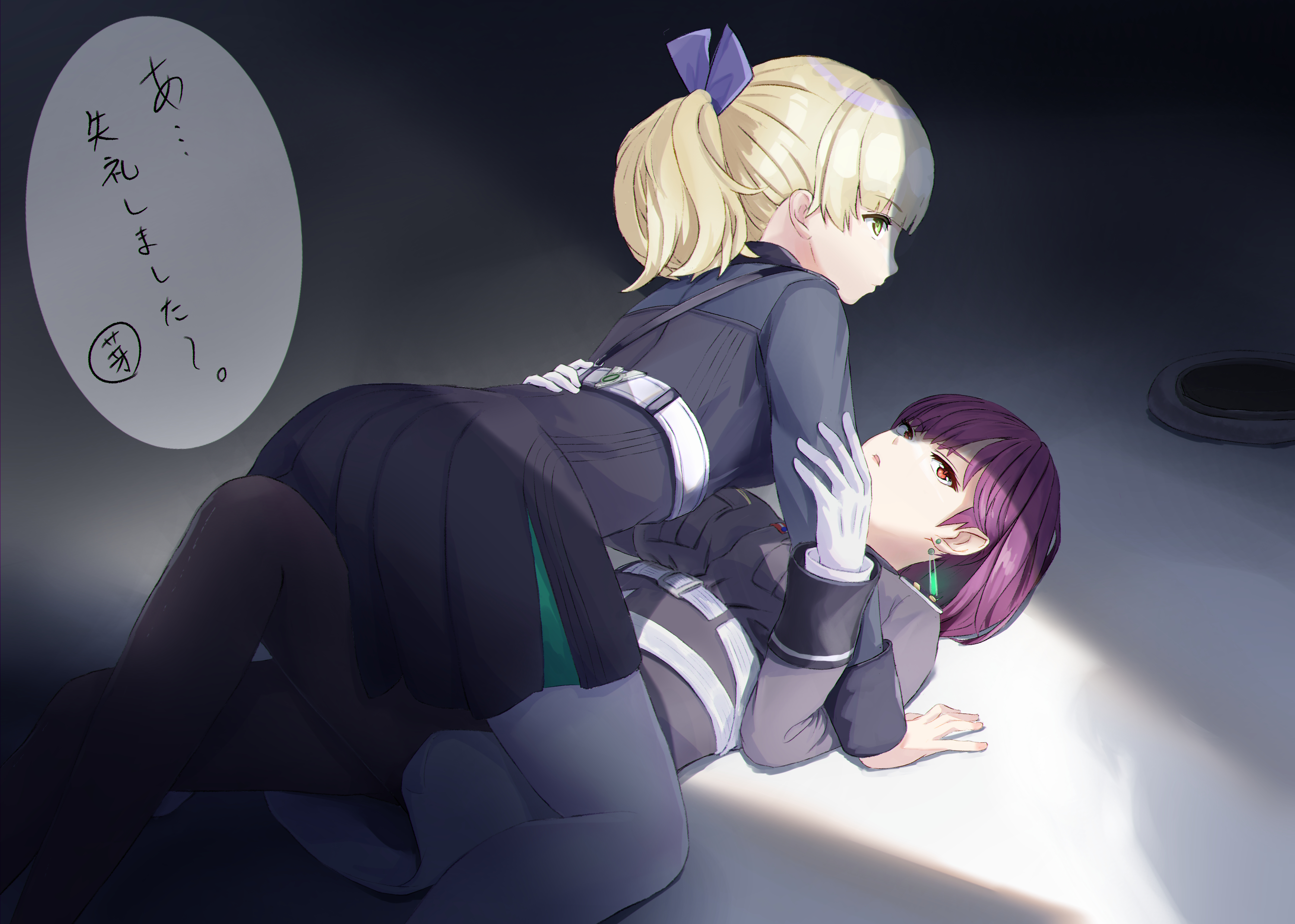 nanase nanami (heaven burns red), tezuka saki, heaven burns red, absurdres, highres, 2girls, blonde hair, blue ribbon, breasts, earrings, girl on top, gloves, green eyes, hat, jewelry, long sleeves, looking at another, lying, military, military uniform, multiple girls, null1000 4869, on back, pantyhose, ponytail, purple hair, red eyes, ribbon, short hair, skirt, unworn hat, unworn headwear, white gloves, yuri