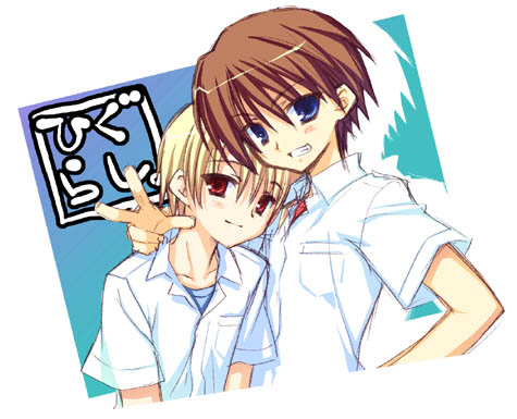 houjou satoshi, maebara keiichi, higurashi no naku koro ni, lowres, non-web source, 00s, 2boys, blonde hair, blue eyes, brown hair, male focus, multiple boys, red eyes, school uniform, short hair, v