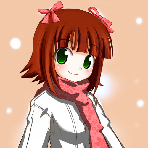 amami haruka, idolmaster, idolmaster (classic), idolmaster 1, lowres, 00s, 1girl, brown hair, female focus, green eyes, ribbon, scarf, short hair, solo, winter clothes