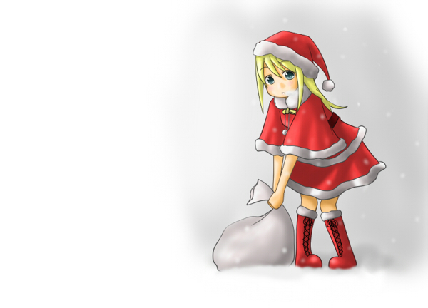 kimura kaere (artist), ana coppola, ichigo mashimaro, bad id, bad pixiv id, 1girl, blonde hair, blue eyes, boots, child, christmas, female focus, full body, hat, long hair, sack, santa costume, santa hat, snow, solo, standing