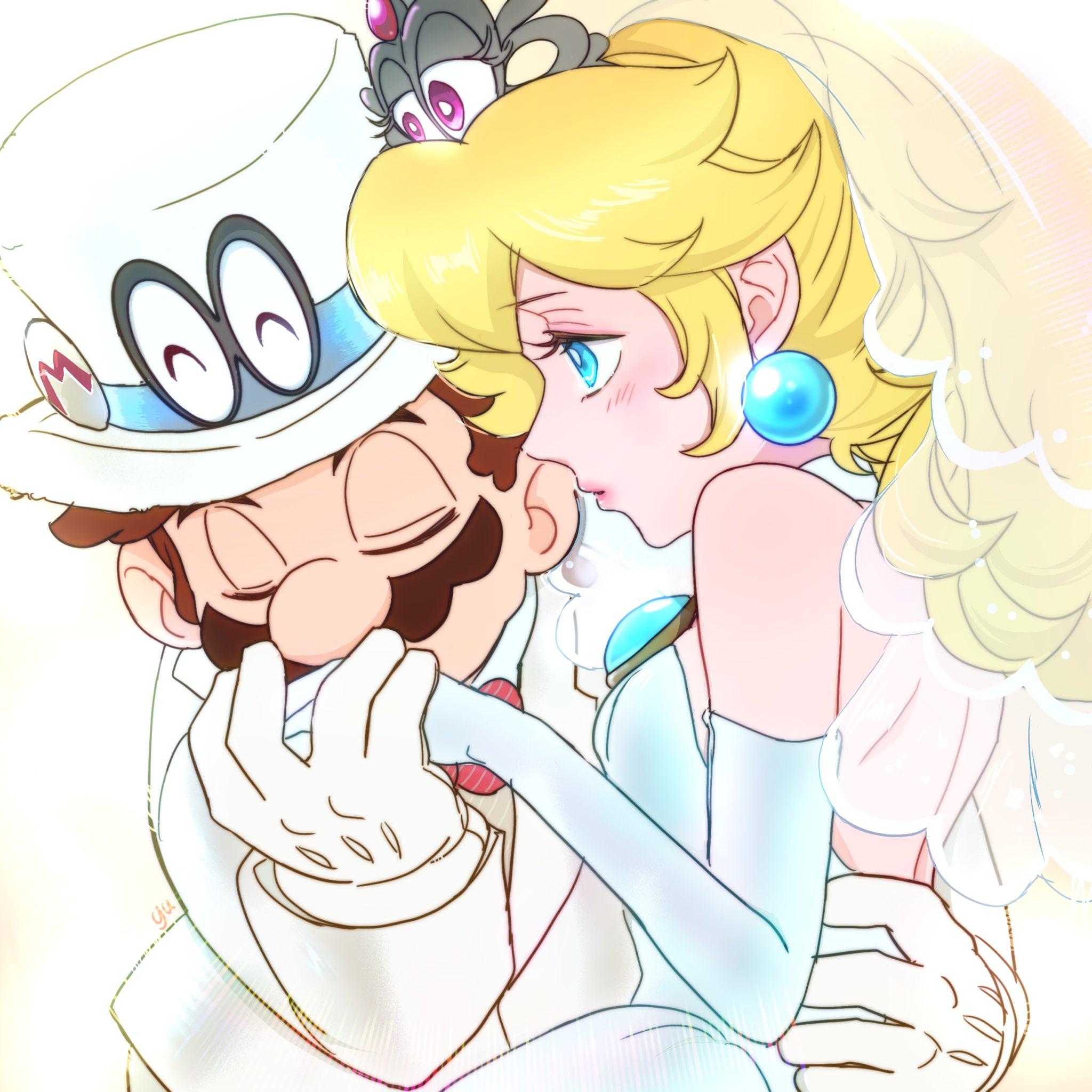agua mp, cappy (mario), mario, mario (tuxedo), princess peach, princess peach (wedding), tiara (mario), mario (series), nintendo, super mario odyssey, highres, 1boy, 1girl, blonde hair, blue eyes, brown hair, closed eyes, dress, earrings, elbow gloves, facial hair, gloves, hat, jacket, jewelry, long hair, mustache, official alternate costume, short hair, simple background, sphere earrings, strapless, strapless dress, tiara, top hat, white background, white dress, white gloves, white hat, white jacket