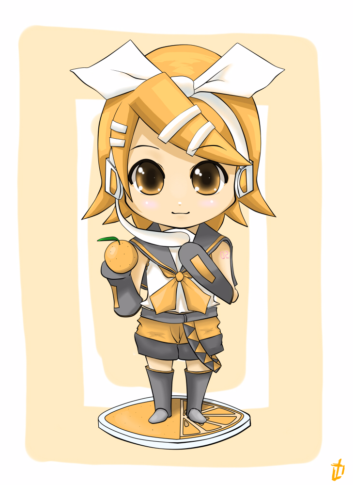 kimura kaere (artist), kagamine rin, vocaloid, bad id, bad pixiv id, blonde hair, bow, chibi, detached sleeves, food, fruit, headset, orange (fruit), short hair, shorts, solo, yellow eyes