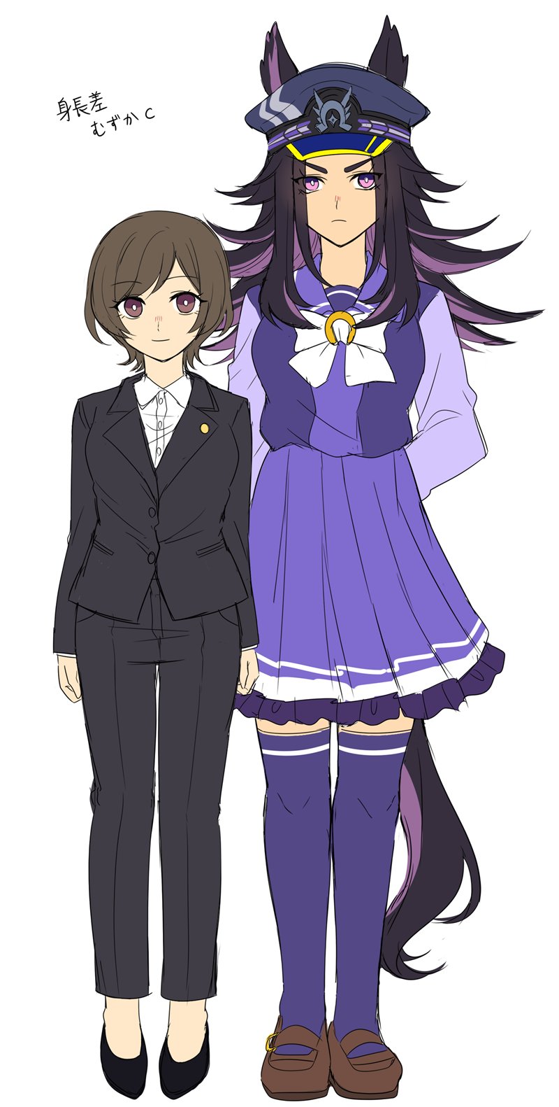 female trainer (umamusume), fenomeno (umamusume), trainer (umamusume), umamusume, highres, 2girls, animal ears, black hair, black jacket, black pants, bow, bowtie, breasts, brown eyes, brown hair, closed mouth, ears through headwear, flipped hair, formal clothes, hat, height difference, horse ears, horse girl, horse tail, horseshoe hat ornament, horseshoe ornament, jacket, long hair, long sleeves, looking at viewer, multicolored hair, multiple girls, pants, peaked cap, purple eyes, purple hair, purple sailor collar, purple serafuku, purple shirt, purple skirt, purple thighhighs, sa 420, sailor collar, sailor shirt, school uniform, serafuku, shirt, short hair, simple background, skirt, smile, suit, suit jacket, tail, thighhighs, tracen school uniform, white background, white bow, white bowtie, white shirt
