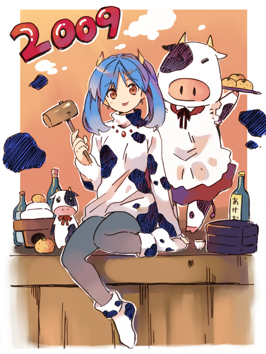 shatiko, bad id, bad pixiv id, 00s, 1girl, 2009, :p, akeome, alcohol, animal print, black pantyhose, blue hair, bottle, brown eyes, choko (cup), cow, cow print, cup, food, fruit, happy new year, horns, kagami mochi, kine, layered legwear, mallet, mandarin orange, new year, pantyhose, patterned legwear, sake, socks, sweater, tongue, tongue out