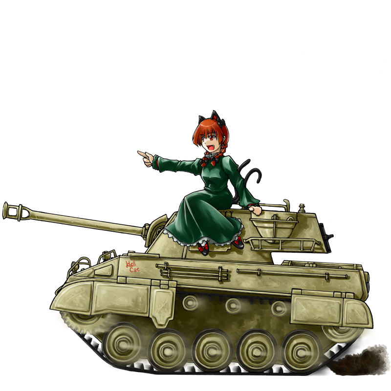 miyako (pixiv282895), miyako (ta183), kaenbyou rin, touhou, tank destroyer, vehicle, 1girl, animal ears, braid, cat ears, cat girl, cat tail, caterpillar tracks, fang, female focus, military, military vehicle, motor vehicle, name connection, object namesake, on tank, red eyes, red hair, ribbon, solo, tail, tank, transparent background, twin braids