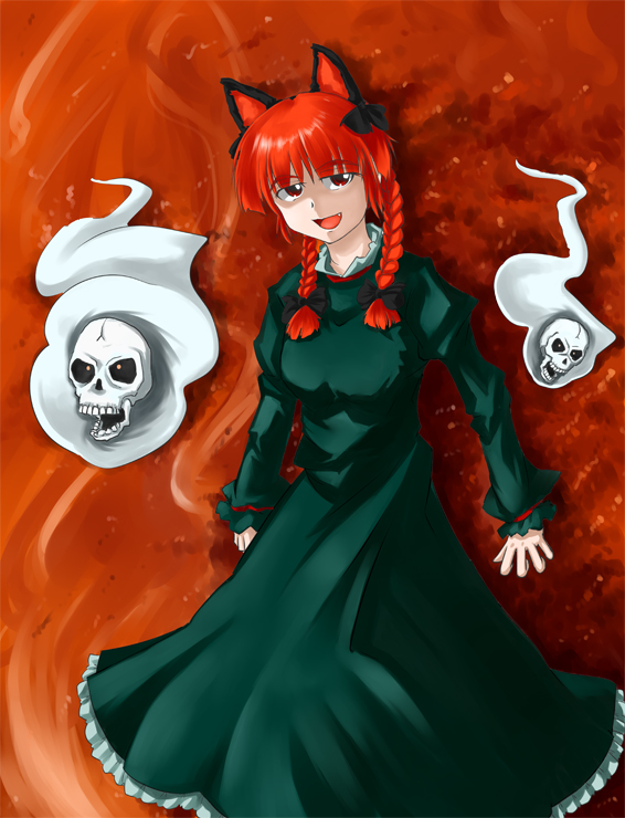 miyako (pixiv282895), miyako (ta183), kaenbyou rin, touhou, 1girl, animal ears, braid, cat ears, cat girl, fang, female focus, red eyes, red hair, ribbon, skull, solo, standing, twin braids
