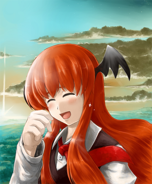 miyako (pixiv282895), miyako (ta183), koakuma, embodiment of scarlet devil, touhou, 1girl, bat wings, blush, cloud, female focus, head wings, long hair, outdoors, red hair, sky, smile, solo, tears, wings