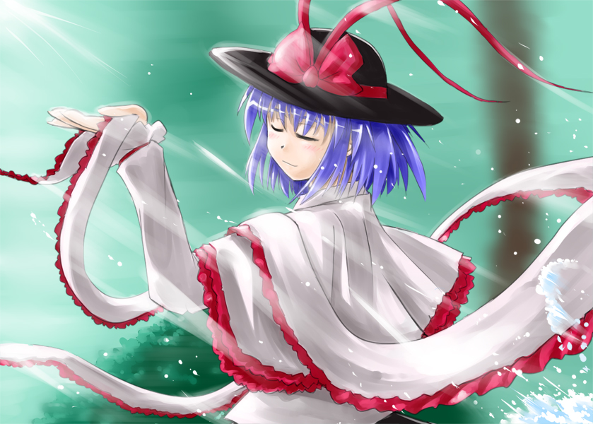 miyako (pixiv282895), miyako (ta183), nagae iku, touhou, 1girl, blue hair, dancing, female focus, hat, outdoors, plant, ribbon, short hair, solo, tree, upper body