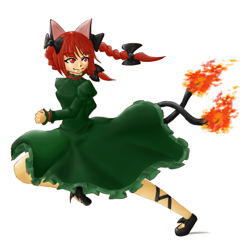 nikeharu, nikeharu (pixiv259765), kaenbyou rin, touhou, 1girl, animal ears, braid, cat ears, cat girl, cat tail, female focus, fire, flame-tipped tail, red eyes, red hair, ribbon, running, simple background, solo, tail, transparent background, twin braids, white background