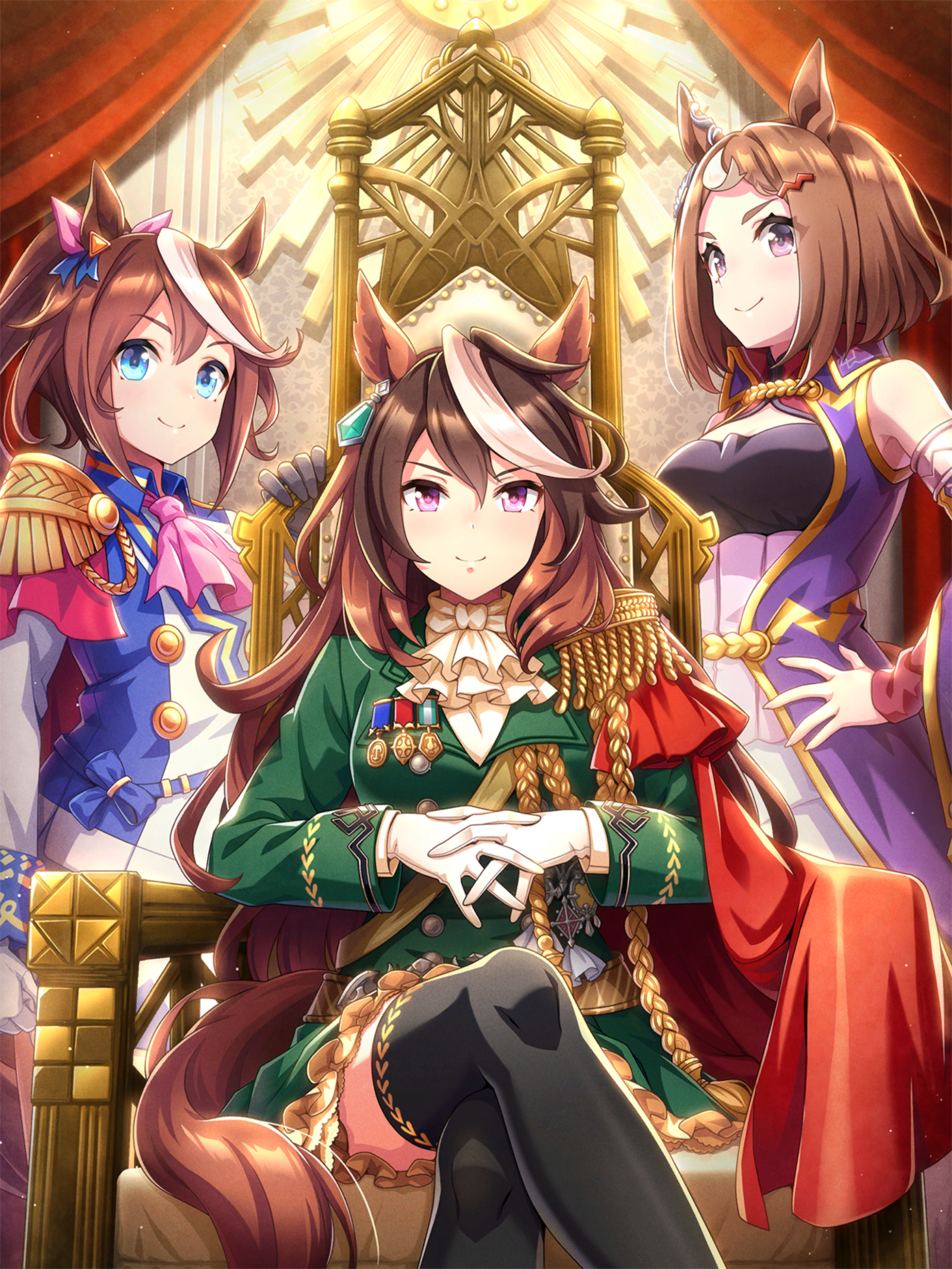 symboli rudolf (emperor's path) (umamusume), symboli rudolf (umamusume), tokai teio (peak joy) (umamusume), tokai teio (umamusume), tsurumaru tsuyoshi (umamusume), umamusume, absurdres, game cg, highres, official art, 3girls, animal ears, ascot, black socks, black thighhighs, blue eyes, blue ribbon, blush, bow, breasts, brown hair, brown tail, cape, capelet, cleavage, closed mouth, collared dress, collared jacket, collared shirt, crossed legs, detached sleeves, dot nose, dress, ear ornament, ear ribbon, earrings, epaulettes, female focus, flat chest, frilled skirt, frills, gloves, green jacket, green skirt, hair bow, hair ornament, hairclip, hand on own hip, horse ears, horse girl, horse tail, jacket, jewelry, layered skirt, long hair, long sleeves, looking at viewer, medium breasts, medium hair, military uniform, mini person, multicolored hair, multiple girls, pink ascot, pink bow, pleated skirt, ponytail, purple dress, purple eyes, red cape, red capelet, ribbon, shirt, short sleeves, single earring, sitting, skirt, sleeveless, sleeveless dress, small breasts, smile, socks, streaked hair, tail, thighhighs, throne, two-tone hair, white ascot, white gloves, white jacket, white skirt, white streaks, zettai ryouiki