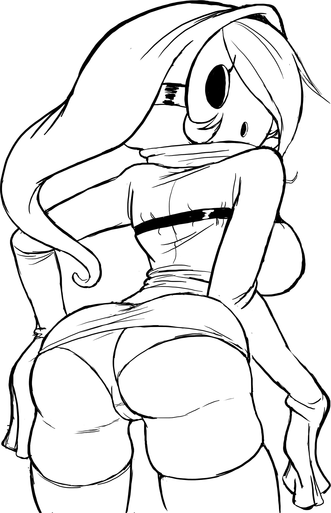 teevo, shy gal, mario (series), nintendo, ass, breasts, gluteal fold, hood, large breasts, looking at viewer, looking back, mask, panties, sketch, thighhighs, underwear