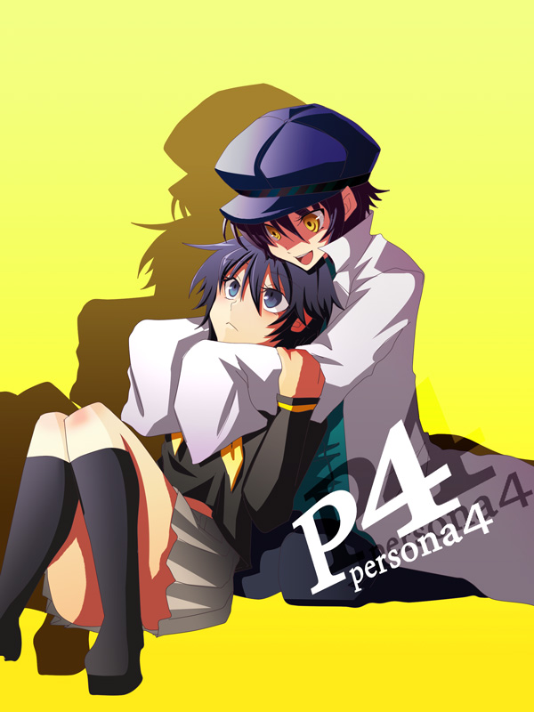 sake asari, shadow (persona), shadow naoto, shirogane naoto, atlus, persona, persona 4, bad id, bad pixiv id, 2girls, androgynous, dark persona, dual persona, lab coat, multiple girls, open mouth, oversized clothes, reverse trap, short hair, simple background, time paradox, yellow background, yellow eyes
