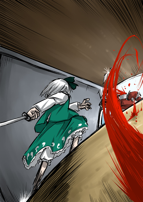 miyako (pixiv282895), miyako (ta183), konpaku youmu, touhou, 1girl, battle, blood, bloomers, bow, death, decapitation, female focus, katana, short hair, skirt, solo, sword, underwear, weapon, white bloomers, white hair