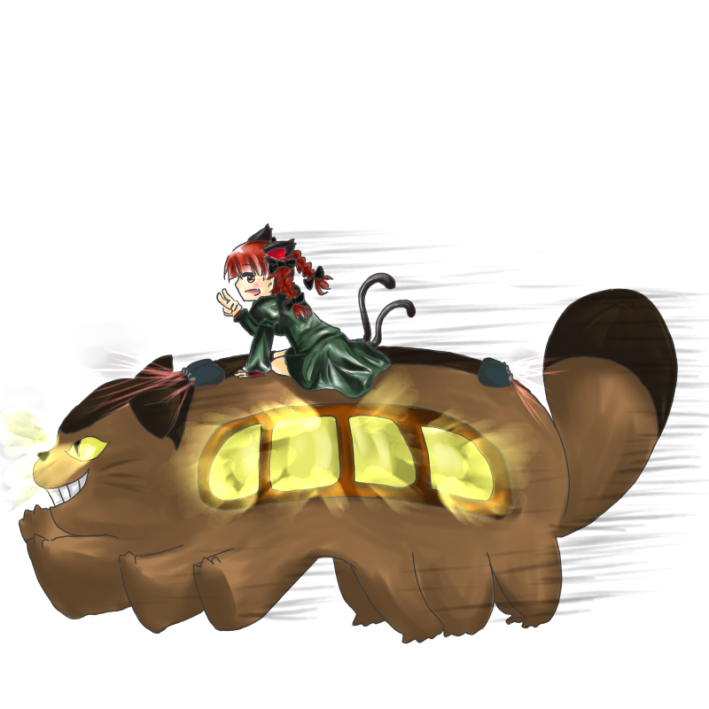 misocha, kaenbyou rin, nekobus, tonari no totoro, touhou, 1980s (style), bad id, bad pixiv id, 1girl, animal ears, braid, cat ears, cat girl, cat tail, crossover, female focus, oldschool, red eyes, red hair, retro artstyle, sitting, solo, tail, twin braids, v