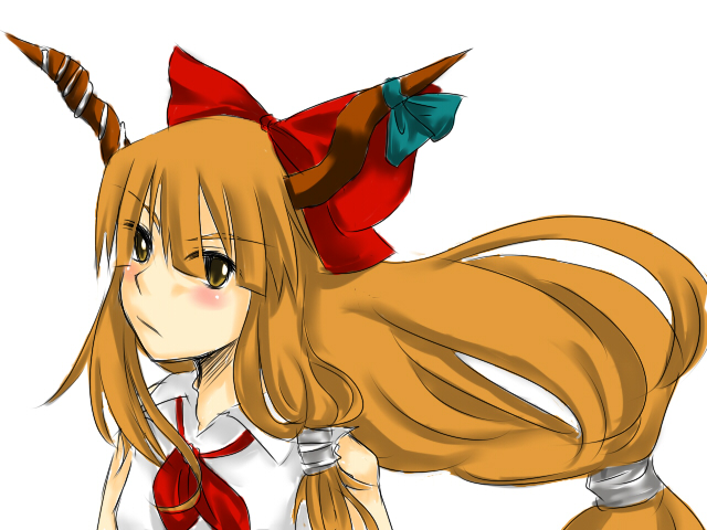 misocha, ibuki suika, touhou, 1girl, brown hair, female focus, horns, ribbon, simple background, solo, white background