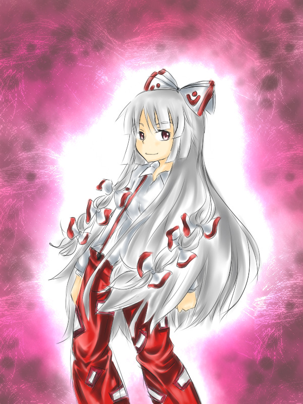 misocha, fujiwara no mokou, touhou, 1girl, female focus, hair ribbon, long hair, red eyes, ribbon, solo, standing, white hair