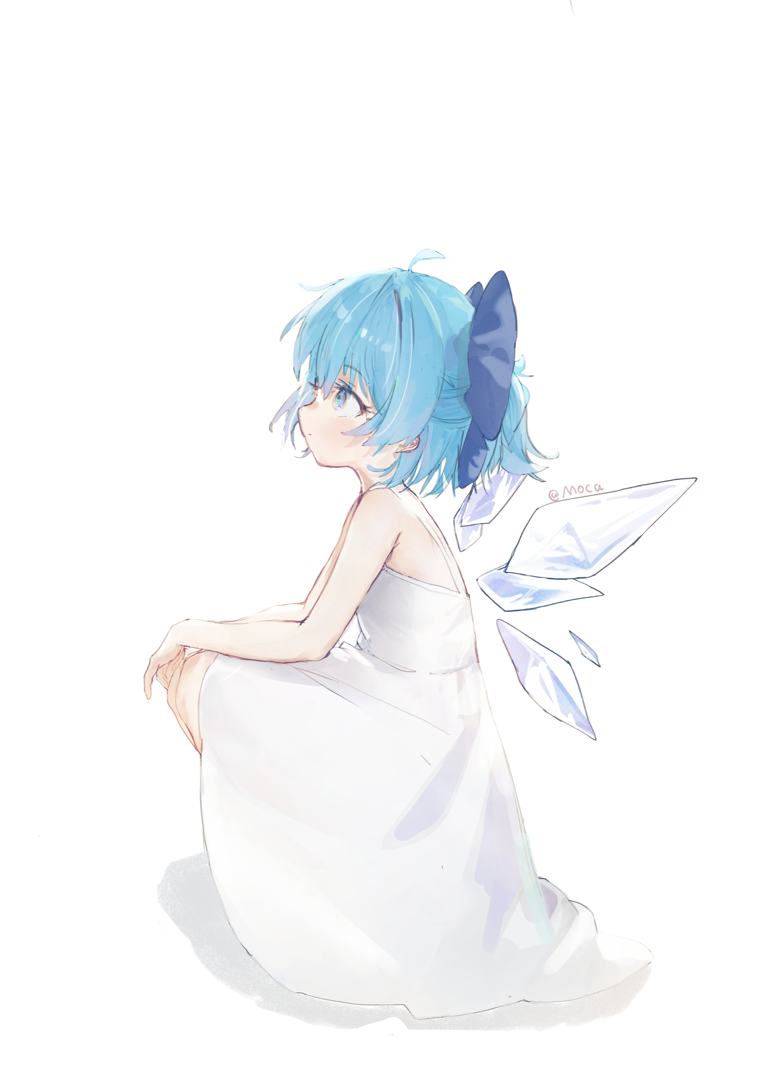 moca 3139, cirno, touhou, absurdres, commentary request, highres, 1girl, ahoge, bare arms, blue bow, blue eyes, blue hair, bow, dress, fairy, from behind, from side, hair bow, half updo, ice, ice wings, looking ahead, looking up, multiple wings, profile, short hair, simple background, sleeveless, sleeveless dress, solo, squatting, twitter username, white background, white dress, wings