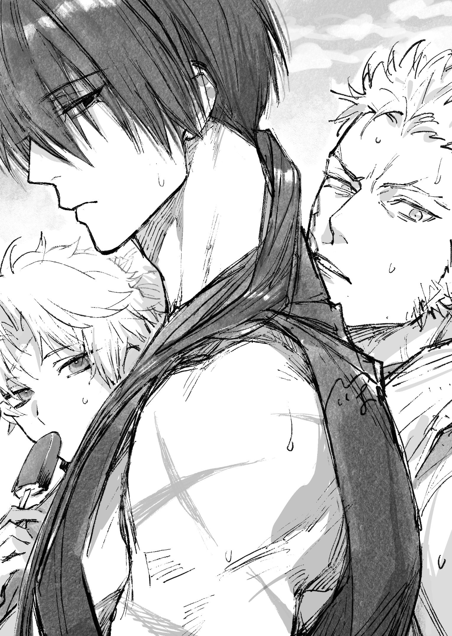 suzuki tsuta, nagakura shinpachi (fate), fate/grand order, fate (series), highres, 3boys, eating, food, greyscale, harada sanosuke (fate), holding, holding food, holding ice cream, ice cream, japanese clothes, kimono, looking at viewer, male focus, monochrome, multiple boys, profile, scar, scar on arm, scar on face, scar on forehead, shinsengumi (fate), short hair, sweat, toudou heisuke (fate)