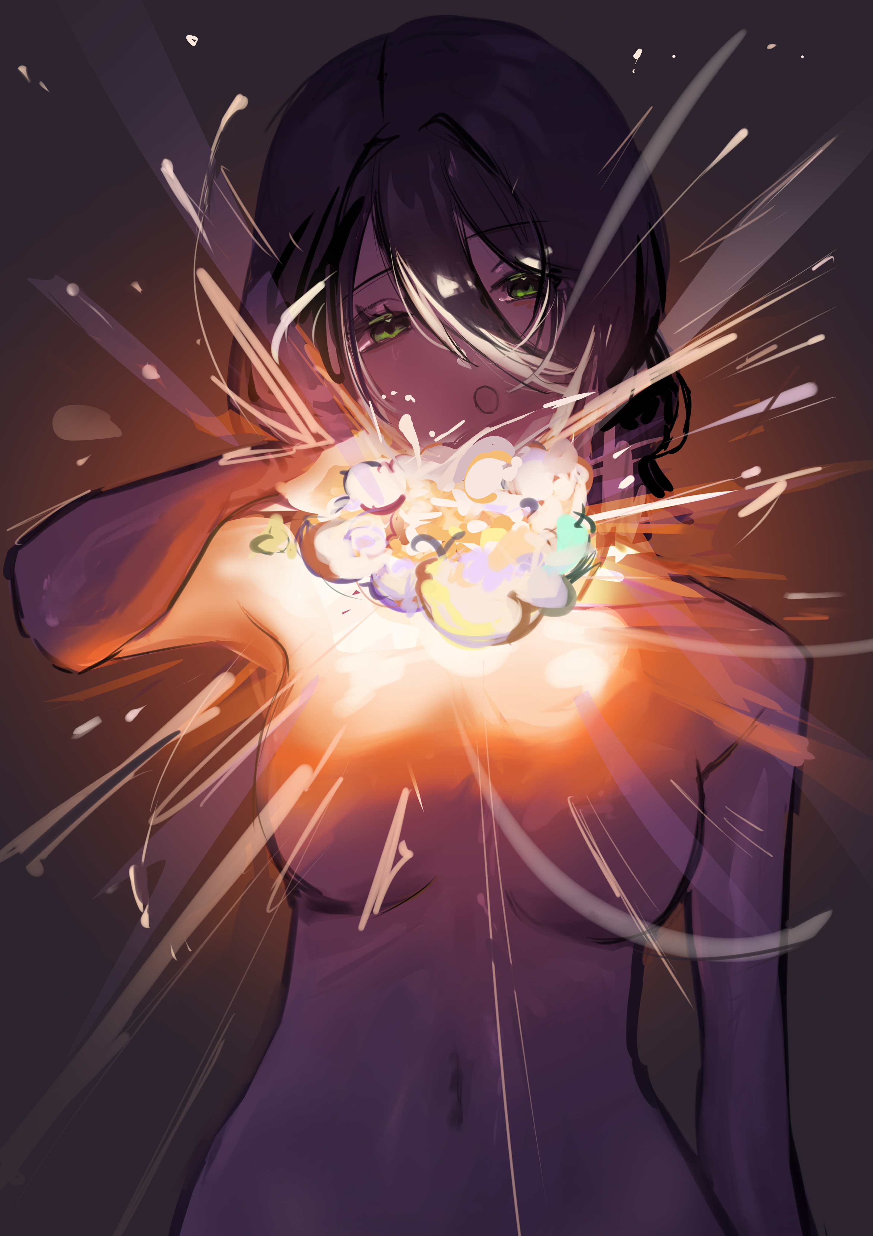 reze (chainsaw man), chainsaw man, absurdres, highres, 1girl, black hair, breasts, explosion, green eyes, hair between eyes, hair bun, kero11, looking at viewer, medium breasts, navel, nude, open mouth, solo