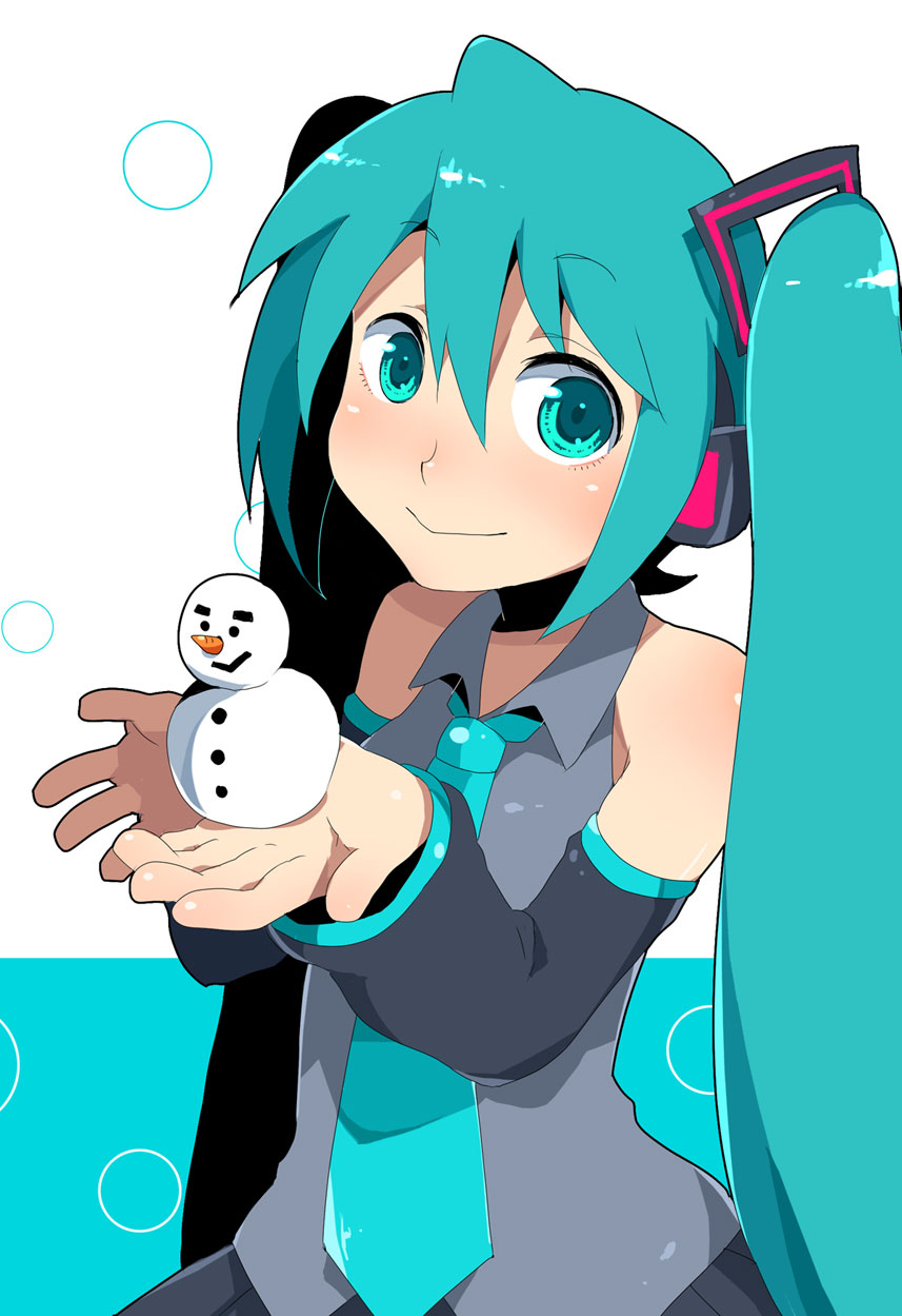 hattori masaki, hatsune miku, vocaloid, bad id, bad pixiv id, highres, 1girl, aqua eyes, aqua hair, cupping hands, detached sleeves, female focus, long hair, necktie, own hands together, snowman, solo, twintails