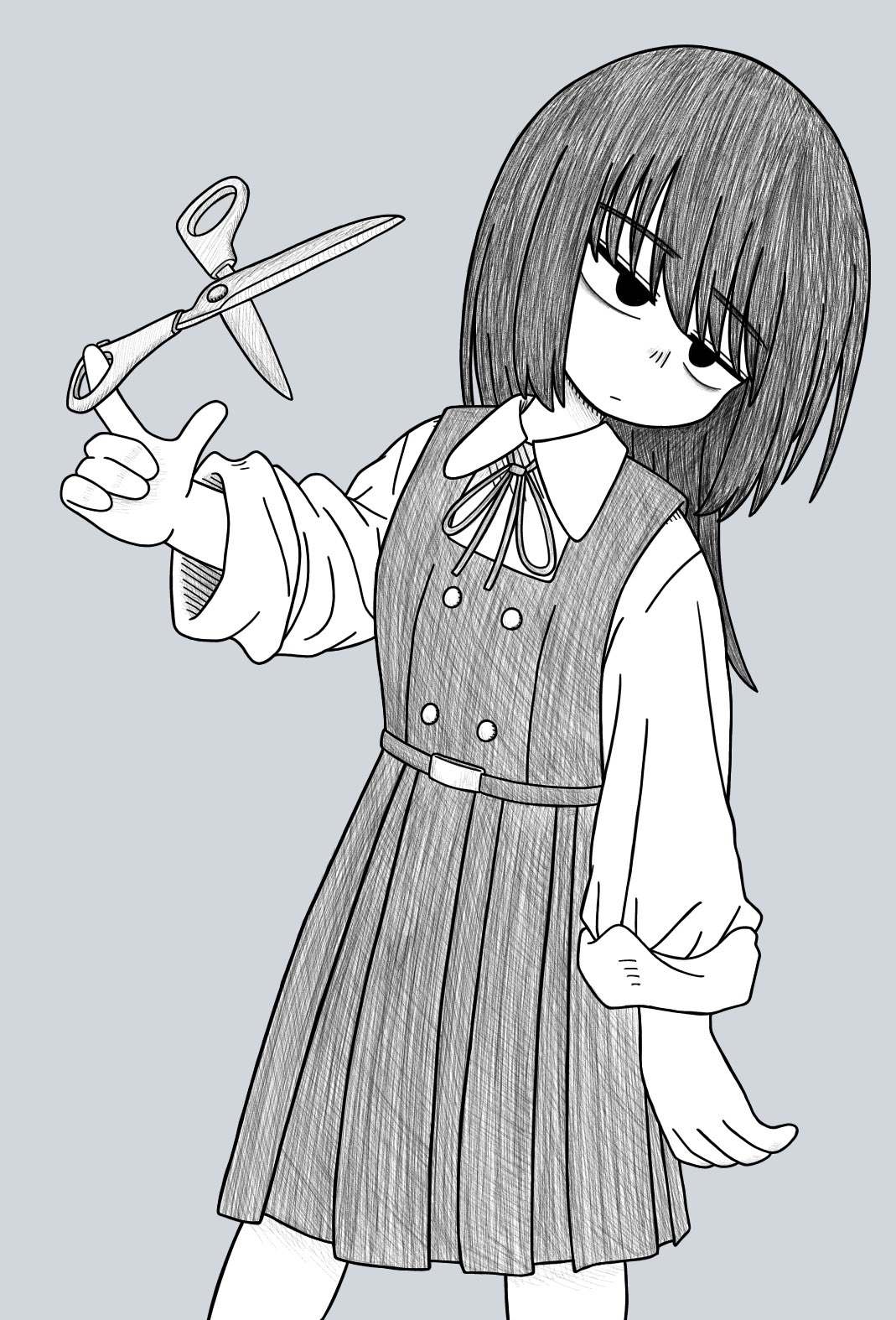 original, highres, 1girl, belt, collared shirt, dress, greyscale, long sleeves, looking at viewer, mizumiko, monochrome, neck ribbon, pinafore dress, pleated dress, ribbon, shirt, sleeveless, sleeveless dress, solo