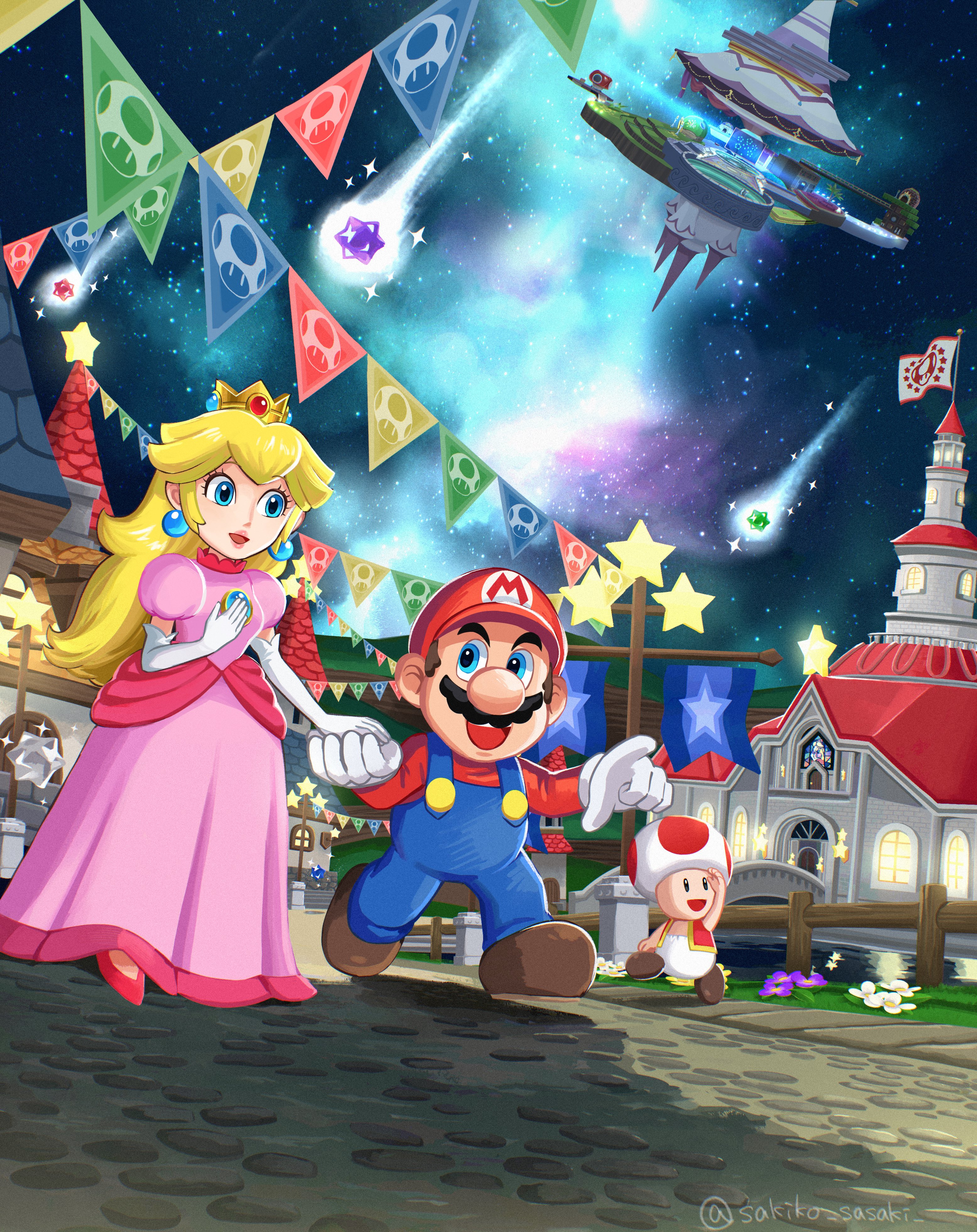 sasaki sakiko, mario, princess peach, toad (mario), mario (series), nintendo, super mario galaxy, absurdres, highres, 1girl, 2boys, artist name, blonde hair, blue eyes, blue overalls, boots, brown boots, brown hair, castle, comet observatory, crown, dress, earrings, elbow gloves, facial hair, gloves, hat, holding hands, in-universe location, jewelry, long hair, multiple boys, mustache, night, outdoors, overalls, pink dress, princess peach's castle, red hat, red shirt, shirt, short hair, sphere earrings, star (symbol), star bit, white gloves