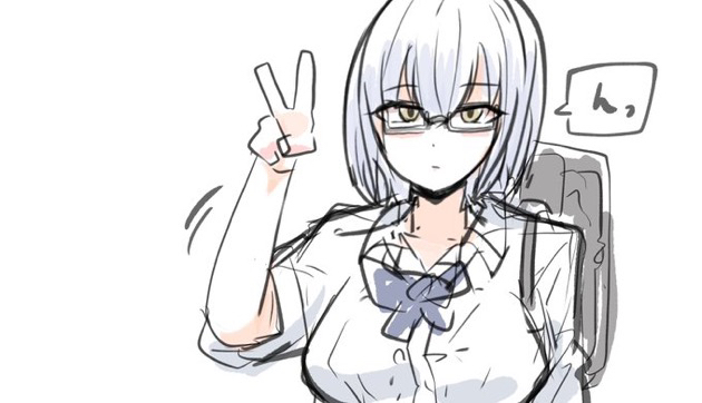kawamochi (kawauti919), takamine noa, idolmaster, idolmaster cinderella girls, translation request, 1girl, blue bow, bow, breasts, brown eyes, collared shirt, dress shirt, glasses, grey-framed eyewear, hair between eyes, hand up, looking at viewer, medium breasts, motion lines, semi-rimless eyewear, shirt, short sleeves, simple background, sketch, solo, under-rim eyewear, upper body, v, white background, white hair, white shirt